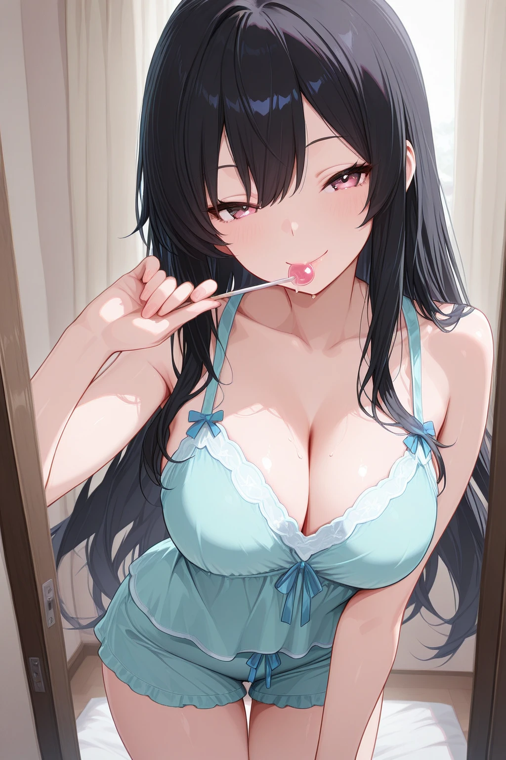 1 female,Black Hair,((12 years old)),(((Blue shiny shorts)))((Sexy black micro bikini))(((blush、Open your mouth、Blowjob)),(((Yuki Mikan))),(((Tank top)))(Girl's body type)(((Small breasts)))Sexy poses,  poses、Captivating 