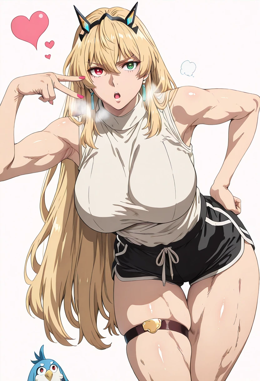 L_Cation2, Babu-style, Hgk, (jeneral-style:1.2), (suou-sensei-style:1.4), (saintshiro-style:1.2), (takeuchi_takashi-style:1.3), (anime coloring, anime screencap), shiny skin, (voluptuous body:1.4), (mature female:1.4), (cellulite:1.3), ((anatomical correct)), ((newest, high quality, perfect composition, eye-catching, UHD, cinematic, masterpiece)), perfect body, perfect eyes, perfect fingers, gasping, heavy breathing, gasping profusely, ((skindentation)), ((curvy, thigh gap)) barghest_(gawain)_\(fate\), fairy_knight_gawain_\(fate\), muscular_female, blonde_hair, long_hair, red_eyes, ((heterochromia)), green_eyes, tiara, large_breasts, earrings, jewelry, bangs, obliques, plump, 1girl, breasts, solo, skindentation, looking_at_viewer, heart, thighs, thigh_strap, v, hand_on_hip, white_background, leaning_forward, simple_background, hanging_breasts, :o, nail_polish, BREAK white shirt, sleeveless, dolphin shorts, pink short, short shorts, armpits, nail polish 