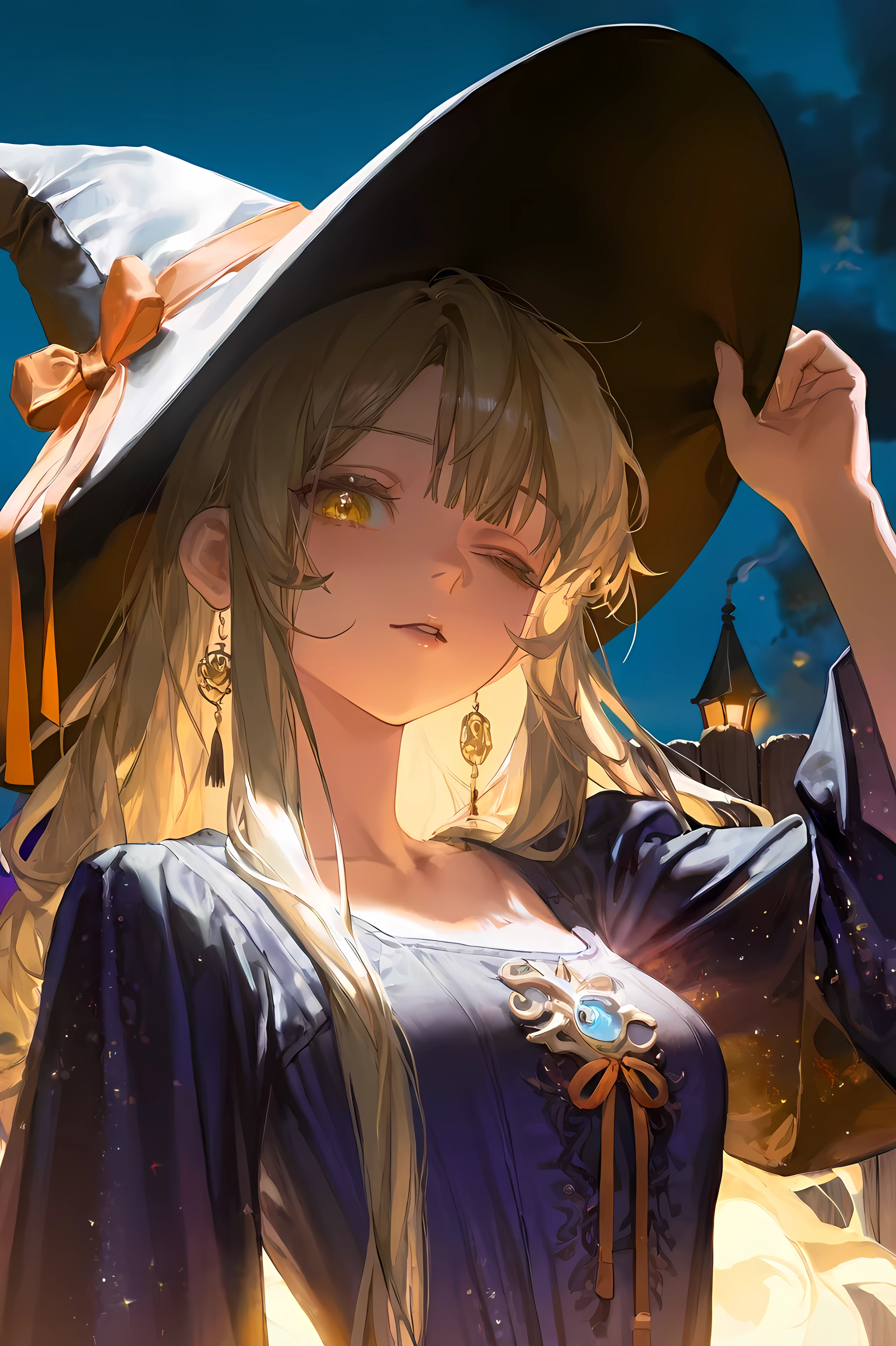 yoyi,(golden eyes,cream Ivory-color pupils,tareme,delicate eyebrows，Thin eyebrows,one_closed eye),(cupped face,resting chins i hands,hand on hat),(lips ajar,parted lips,innocent),(pure yellow hair,long hair),( Twilight Witch,    Classic Halloween,  , Deep Purple Dress, Velvet, Cotton, Jagged Hemline, Witchy,Pointy Witch Hat, Orange Ribbon,  , Celestial Jewelry,   Sunset Eye,  Rustic Wooden Fence, Night Sky Backdrop,  , Flickering Lights, Orange Light, Smoke Effect , Glitter, Dim Lighting,  , Low-Lying Mist),highres,absurdres,incredibly absurdres,very awa,masterpiece,best quality,amazing quality,absurdres, newest,Natural Light,   Tassel Cover-up，Visual impact,Emotionalization,impactful picture，extreme aesthetic,line art(,rei \(sanbonzakura\):0.8),(ciloranko:0.7),(artist:quasarcake:0.8),(wlop:0.7),extreme aesthetic,(quasarcake:0.7),Visual impact,ultra-high resolution,32K UHD,unconventional supreme masterpiece,masterful details,masterful details,intricate details,high contrast,natural skin,official art,wide-angle shot,Ultra-wide-angle shot,Ultra-wide-angle lens,Ultra-wide-angle photography,in the style of fashion photography,(upper body shot,bust,looking at viewer)