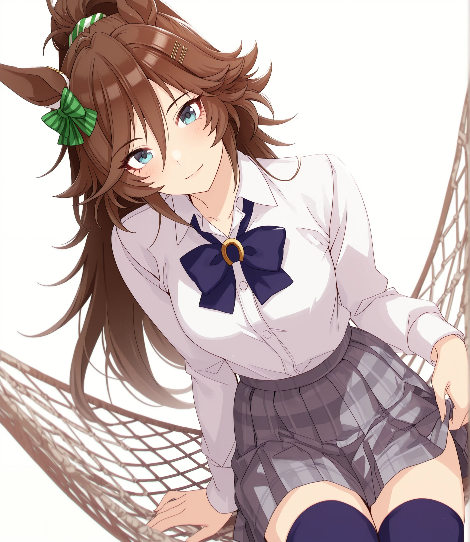 masterpiece, , absurdres, highres, detailed background, high resolution, masterpiece, necessary, detail, best quality, quality, necessary, details, High details, Precise, dark, (white background, simple background) , sunlight, ((dutch angle)), from above,
                                                                                                                                                                                                                         1girl, , umamusume style, tomari style, solo, <lora:XL-Tomari-veryberry00-ILXL:1>, (aged up:1.2), head tilt, sitting ,hammock, earing,
   
tall girl, mr. c.b. , (slim body, slim arms),  \(umamusume\), (green blue eyes), brown hair, hair ornament, ((high ponytail)), tsurime, (white shirt, opemn collared shirt),bowtie, gray skirt, plaid skirt, thighhighs, zettai_ryouiki ,long-sleeve, ((touching skirt)), light smile, ,
(), , , small ,  looking at viewer, ,  (pale skin),