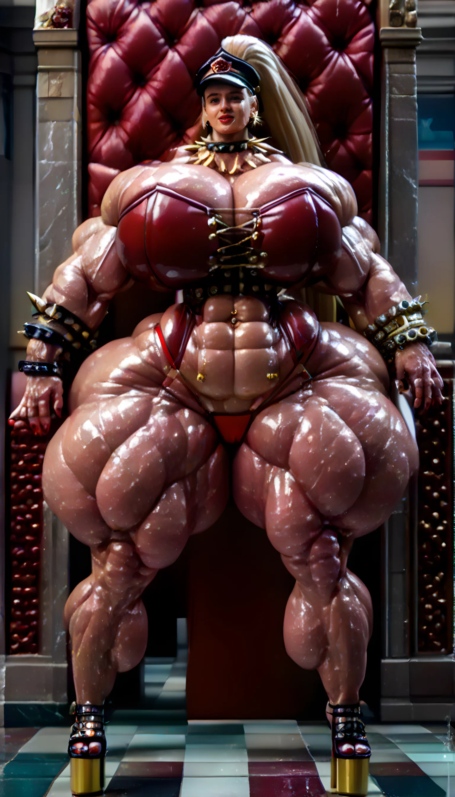 (beautiful girl:1.25), (megan fox:1.25), (large fake :1.25), (young  bodybuilder girl:1.25),  face, mouth wide open carnage style, long red hair, perfect muscular body, super skinny legs, , femboy, (full body view:1.25),