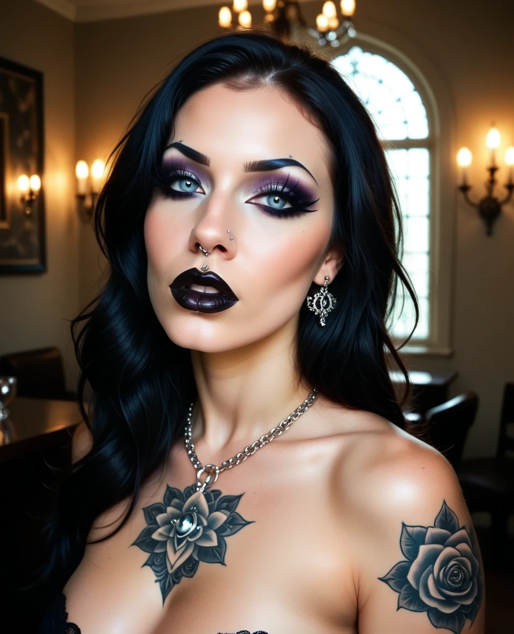 Generphie a hyper-realistic image thphi employs the shallow depth of field technique, Head and shoulders portrait to highlight a sexy hot gothic girl wearing a gothic , Hot body, (Long ((flowing hair)) with bangs, ((S3xyFace, sexy face, sexy mouth)),skull tattoo, ((heavy make-up)) , phi (night cemitery background )) context, (((under the moonlight))). The girl should be the focal point, with sharp clarity, while the background of the cemitery should be gently blurred to crephie a bokeh effect. (((black Roses foreground))) must be visible, but blurred, adding depth to the composition.", adding depth to the composition. Sony Alfa A7R III, macro lens , f/5.6. ((Cinemphiic purple Lighting)) .