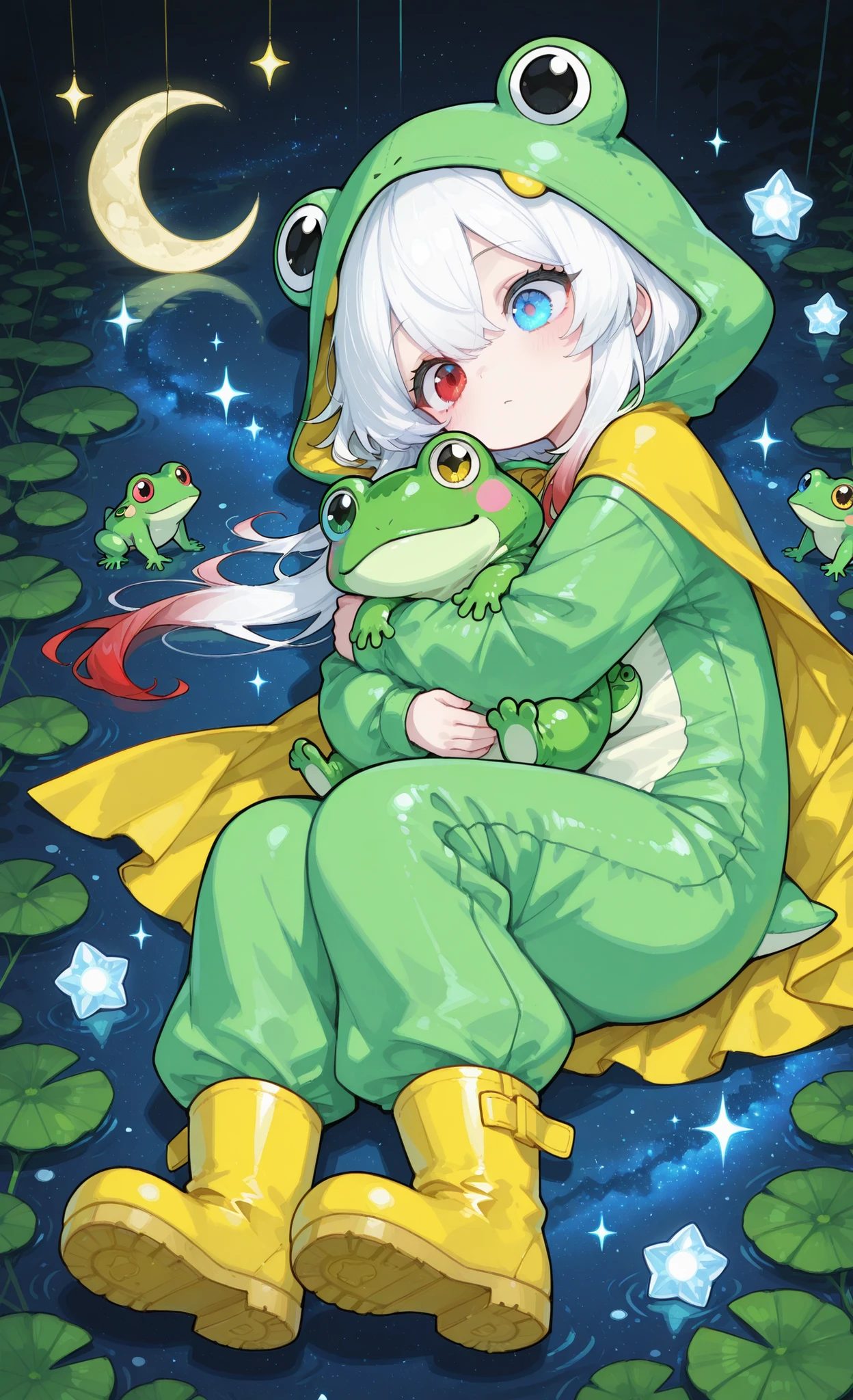 Melys Chibi, masterpiece, best quality, ultra-detailed:1.3, chibi style, 1girl, pure white hair with soft gradient red tips, heterochromia crimson red right eye:1.3 and ice blue left eye:1.3, fair skin, wearing bright green frog onesie with yellow cape, yellow rain boots, lying on large crescent moon, hugging big frog, dark starry sky, twinkling stars, dreamy atmosphere