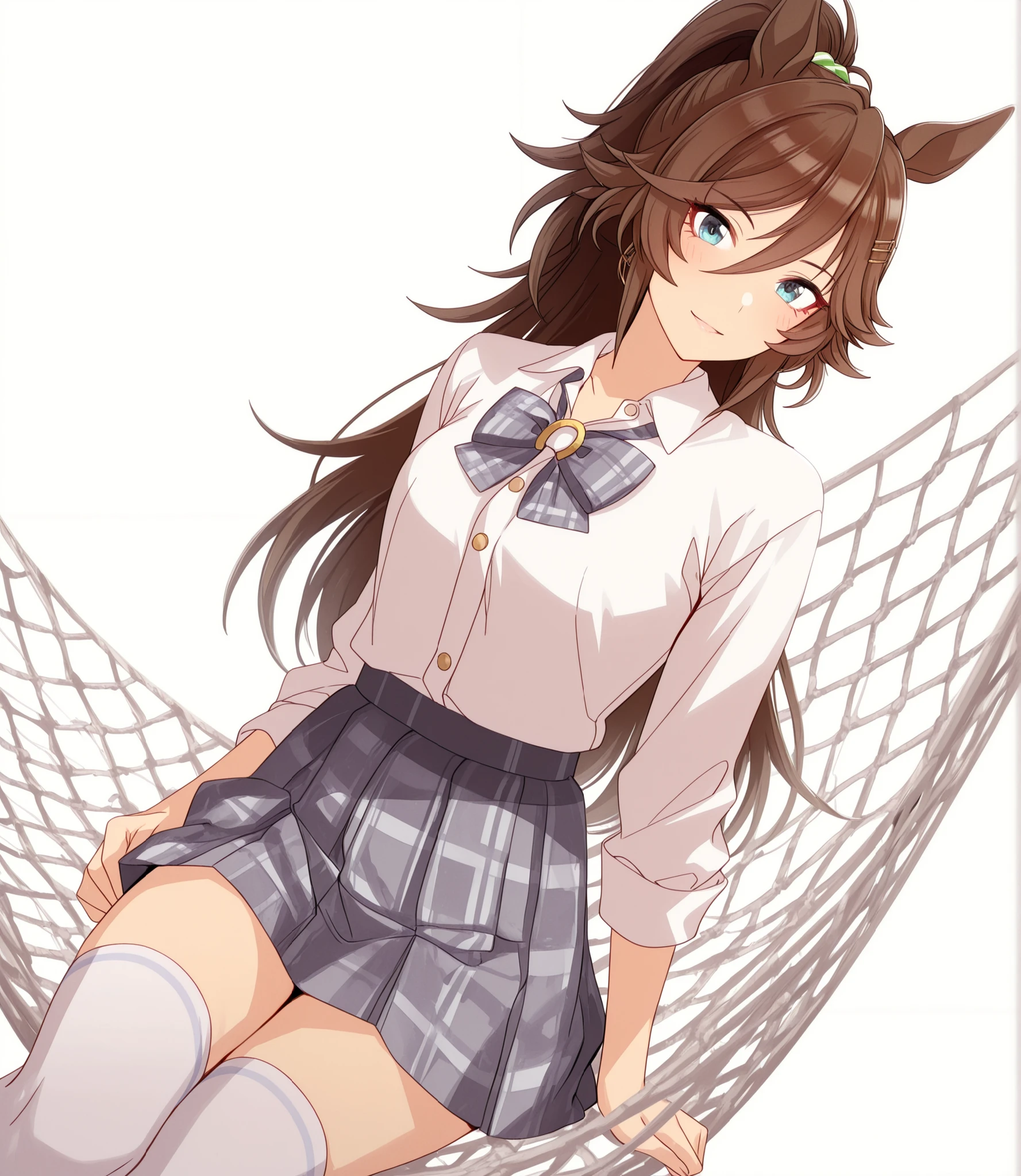 masterpiece, , absurdres, highres, detailed background, high resolution, masterpiece, necessary, detail, best quality, quality, necessary, details, High details, Precise, dark, (white background, simple background) , sunlight, ((dutch angle)), from above,
                                                                                                                                                                                                                         1girl, , umamusume style, tomari style, solo, <lora:XL-Tomari-veryberry00-ILXL:1>, (aged up:1.2), head tilt, sitting ,hammock, earing,
   
tall girl, mr. c.b. , (slim body, slim arms),  \(umamusume\), (green blue eyes), brown hair, hair ornament, ((high ponytail)), tsurime, (white shirt, opemn collared shirt), plaid bowtie, gray skirt, plaid skirt, white thighhighs, zettai_ryouiki ,long-sleeve, ((touching skirt)), light smile, ,
(), , , small ,  looking at viewer, ,  (pale skin),