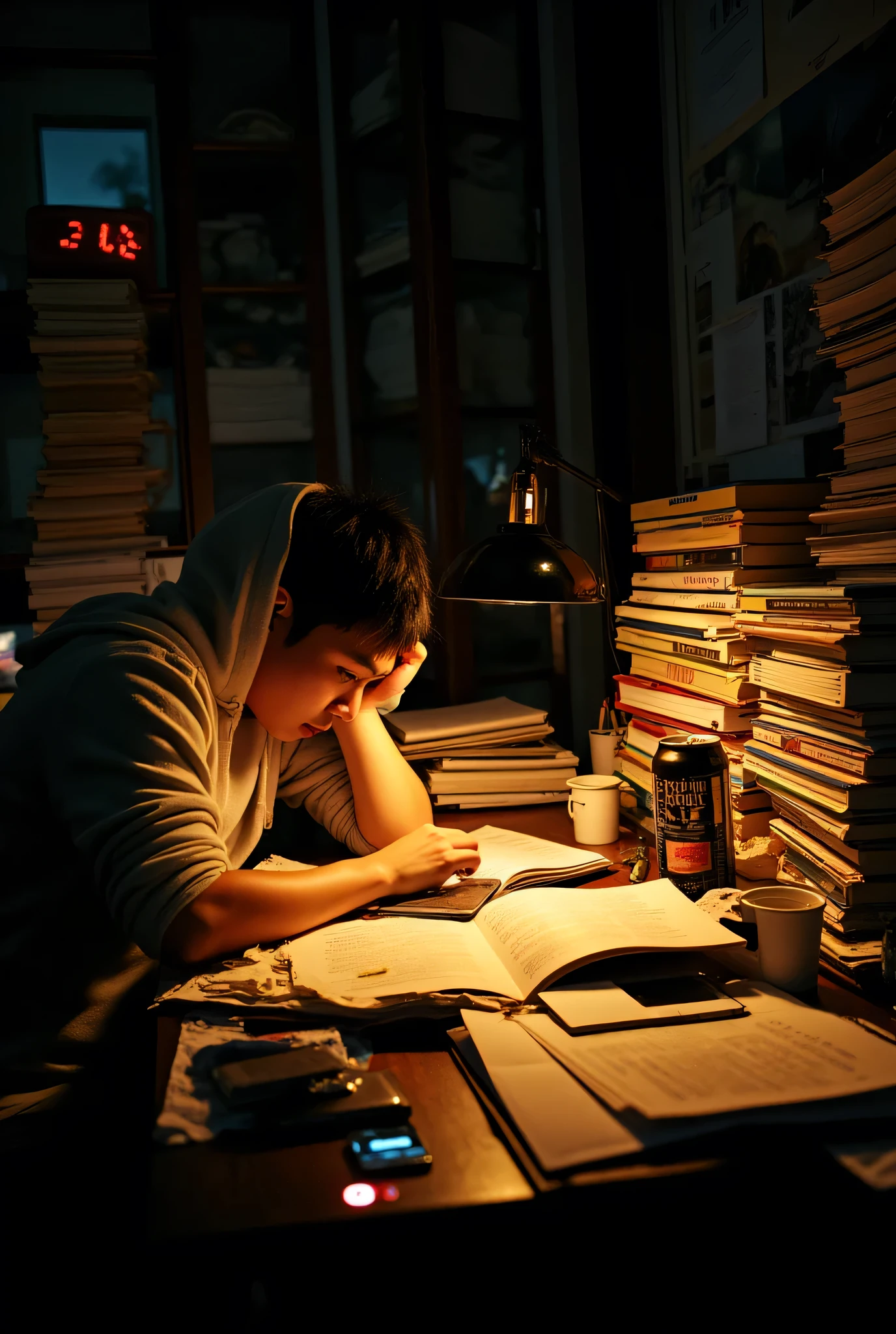 A photorealistic scene of a exhausted student studying desperately late at night before a big exam. View from slightly above and to the side of a cluttered wooden desk illuminated by a warm desk lamp in an otherwise dark room. Tall stacks of textbooks and reference books piled haphazardly, open notebooks with handwritten notes and highlighting scattered across the surface. Multiple empty coffee cups, energy drink cans, and crumpled papers surrounding the study materials. A young Asian student in casual clothing (hoodie or t-shirt) hunched over the desk, head resting on one hand, eyes tired but focused, reading a textbook intently. Messy hair suggesting long hours of study. A digital clock showing 2:47 AM visible in the background. Warm lamplight creating dramatic shadows and highlights on the face and books. Small details: pencils and pens scattered, sticky notes on textbook pages, a smartphone face-down on the desk. Cinematic lighting, shallow depth of field, shot with 35mm lens, realistic texture and grain, documentary photography style. The atmosphere conveys determination mixed with exhaustion and anxiety.