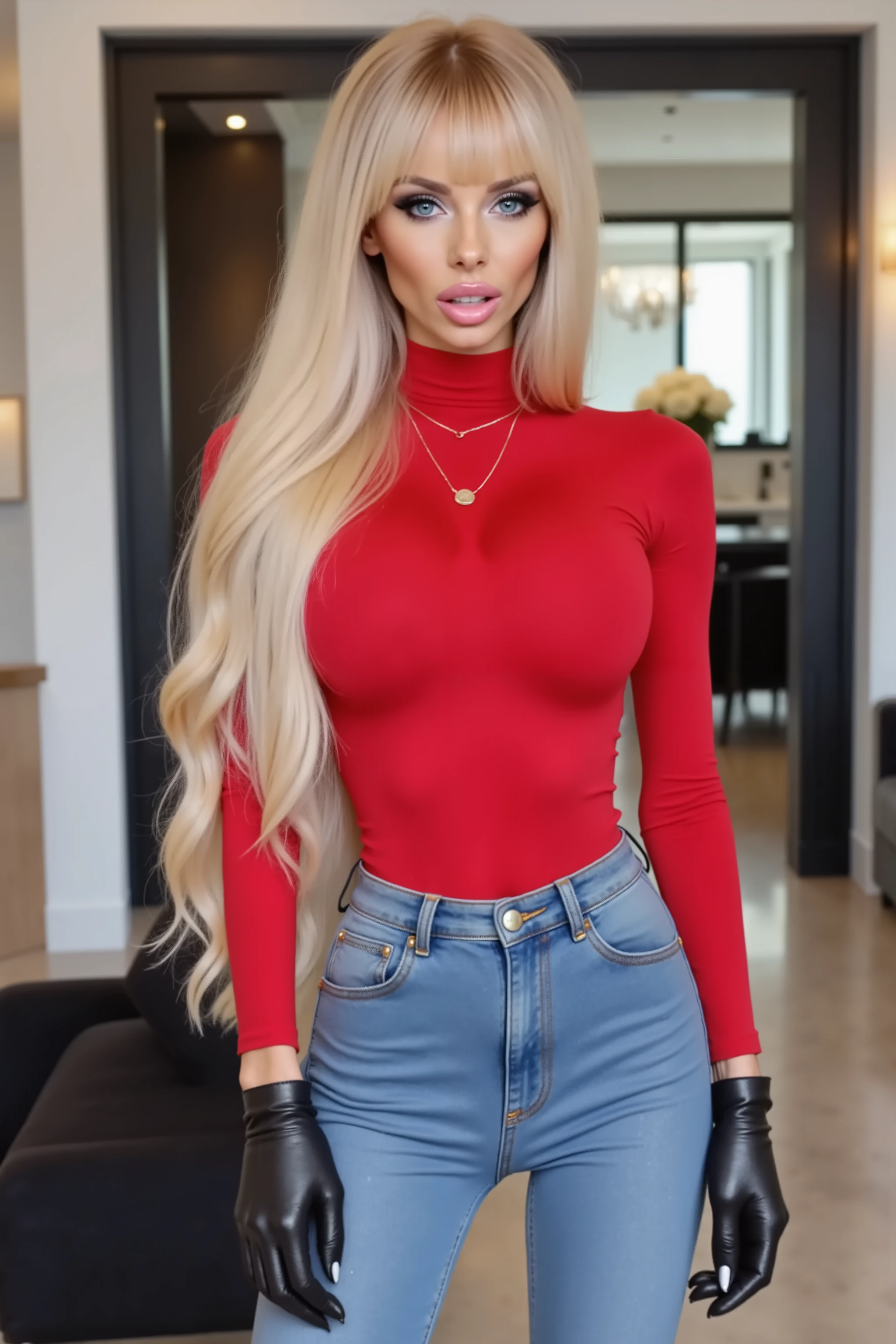 A woman stands confidently in a well-lit interior setting. Her very long, wavy, very messy very big platinum blonde 80s heavy metal hair with bangs cascades over her shoulders. She is wearing a fitted skintight sweater in a bright red color, which accentuates her elegant silhouette. Paired with the sweater, she dons sleek skintight denim leggings that complement her outfit with a modern, edgy touch. Sexy leather fingerless gloves. She has incredibly skinny legs, a pronounced gap between her thighs, and very slim hips. Her incredibly thick lips are very luscious and very full, so thick and large that they appear to have had lip filler applied. Heavy make up and Pink lipstick and lip gloss. The room is a beautiful lavish spacious modern large apartment with big double-height Crittal steel windows