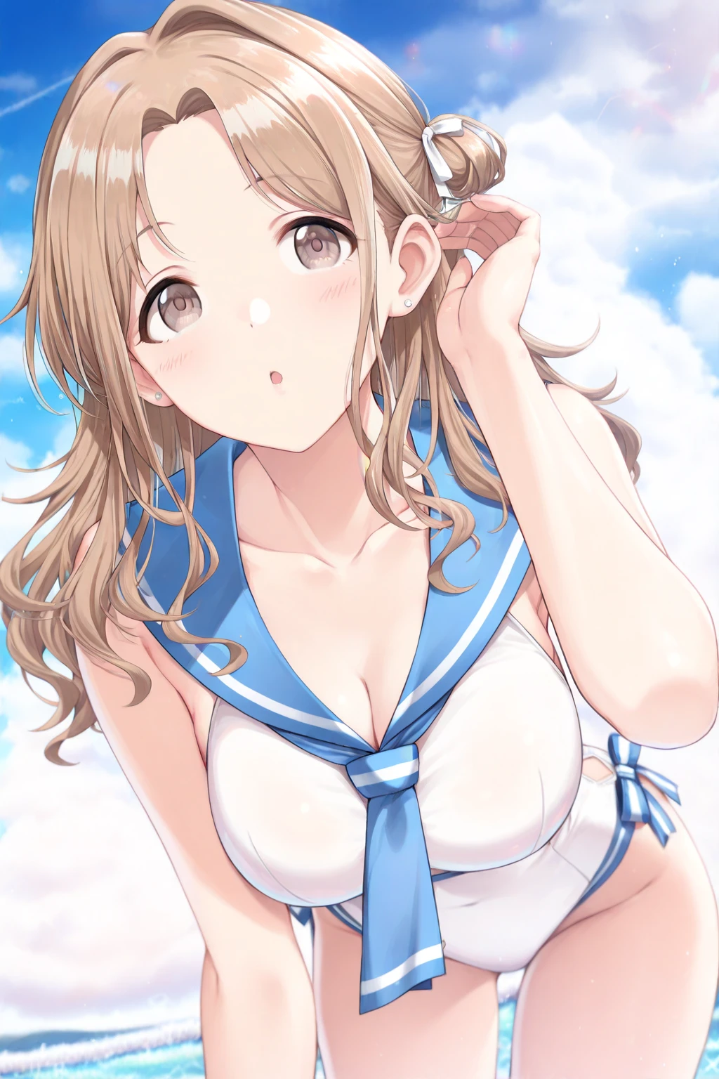 Highest quality,masterpiece, Highest Resolution, , 1 girl, sailor uniform, , ,pink , belly button,outdoor, blush, standing, horse ears, horse tail