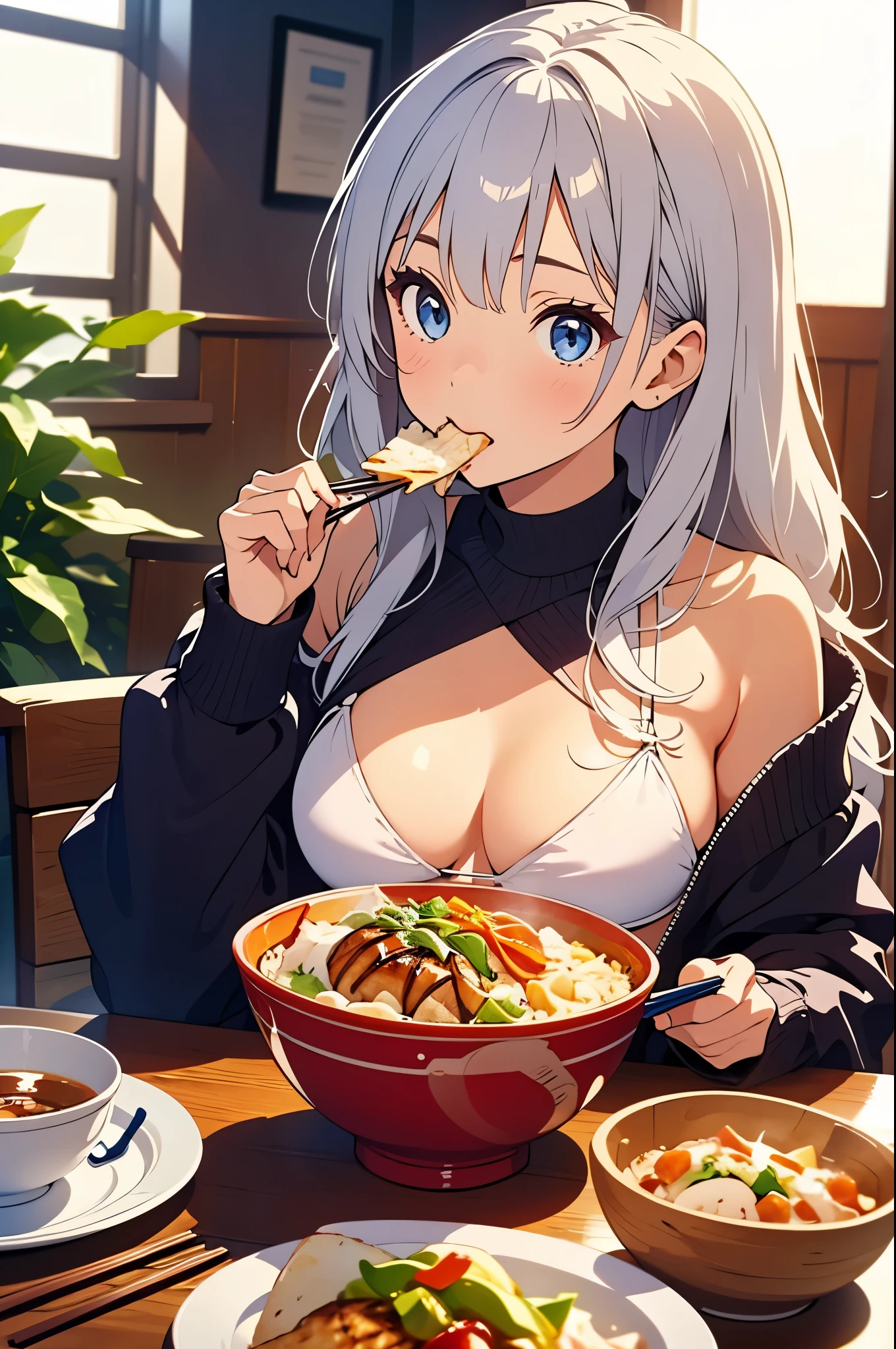 One girl 、Silver Hair、 blue eyes、 eating katsudon at the table 、 is holding chopsticks 、 wearing a leather jumper over a white bikini