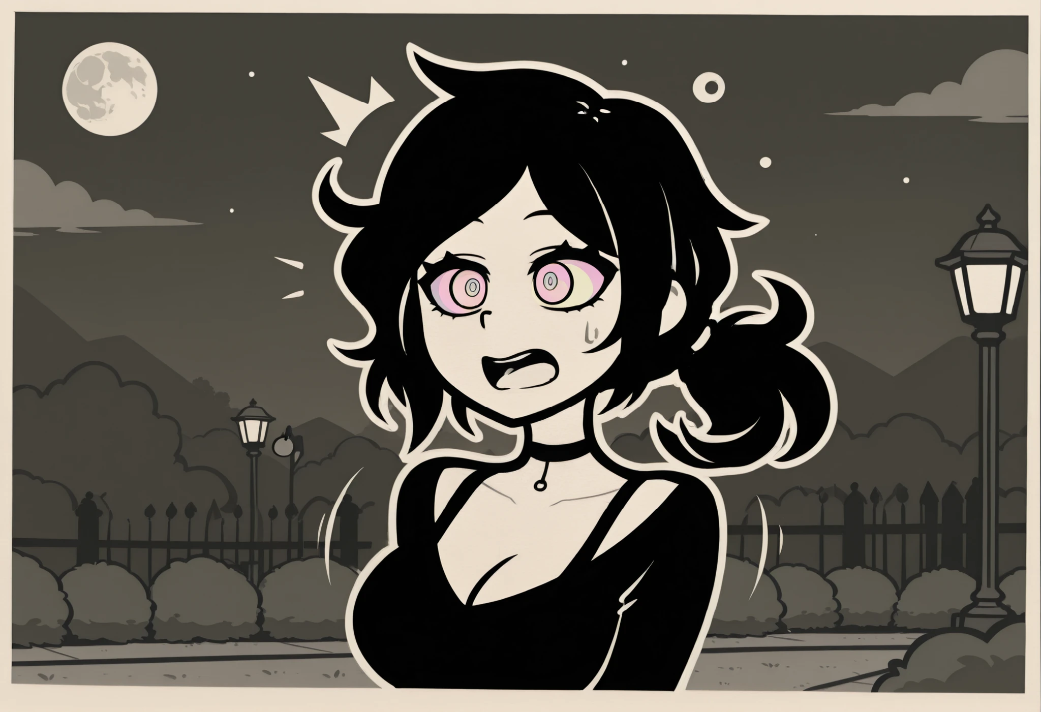  masterpiece, best quality, amazing quality, very aesthetic, absurdres, newest, Ashley, black hair, ponytail, choker, necklace, black choker, outline, white outline, solo, breasts, open mouth, hair ornament, cleavage, , monochrome, choker, ^^^, surprised, garden, lamp post, flat color, no shading, smooth lines, moon, kaa eyes (mind control), pendulum