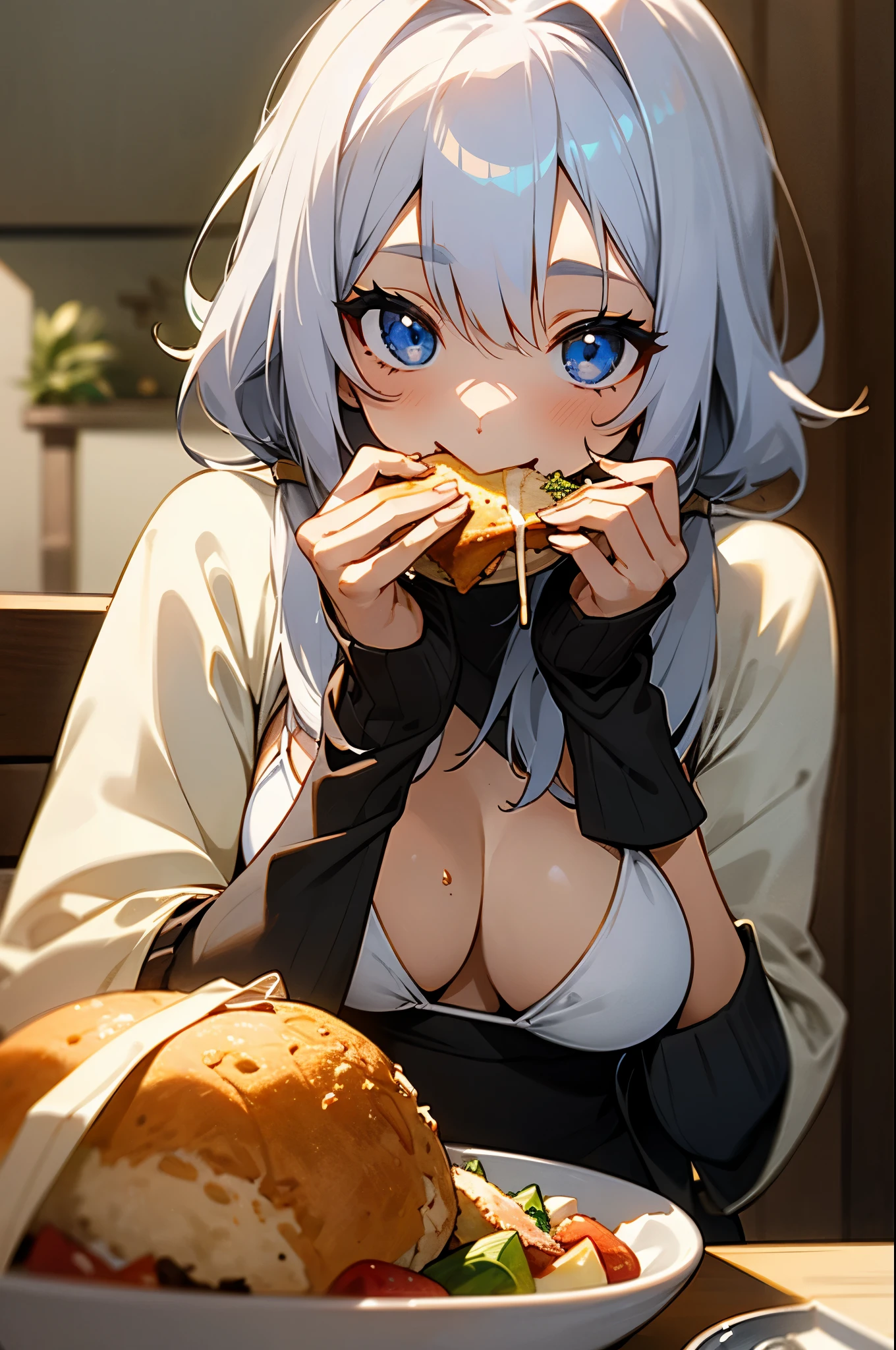 One girl 、Silver Hair、 blue eyes、 eating katsudon at the table 、 is holding chopsticks 、 wearing a leather jumper over a white bikini