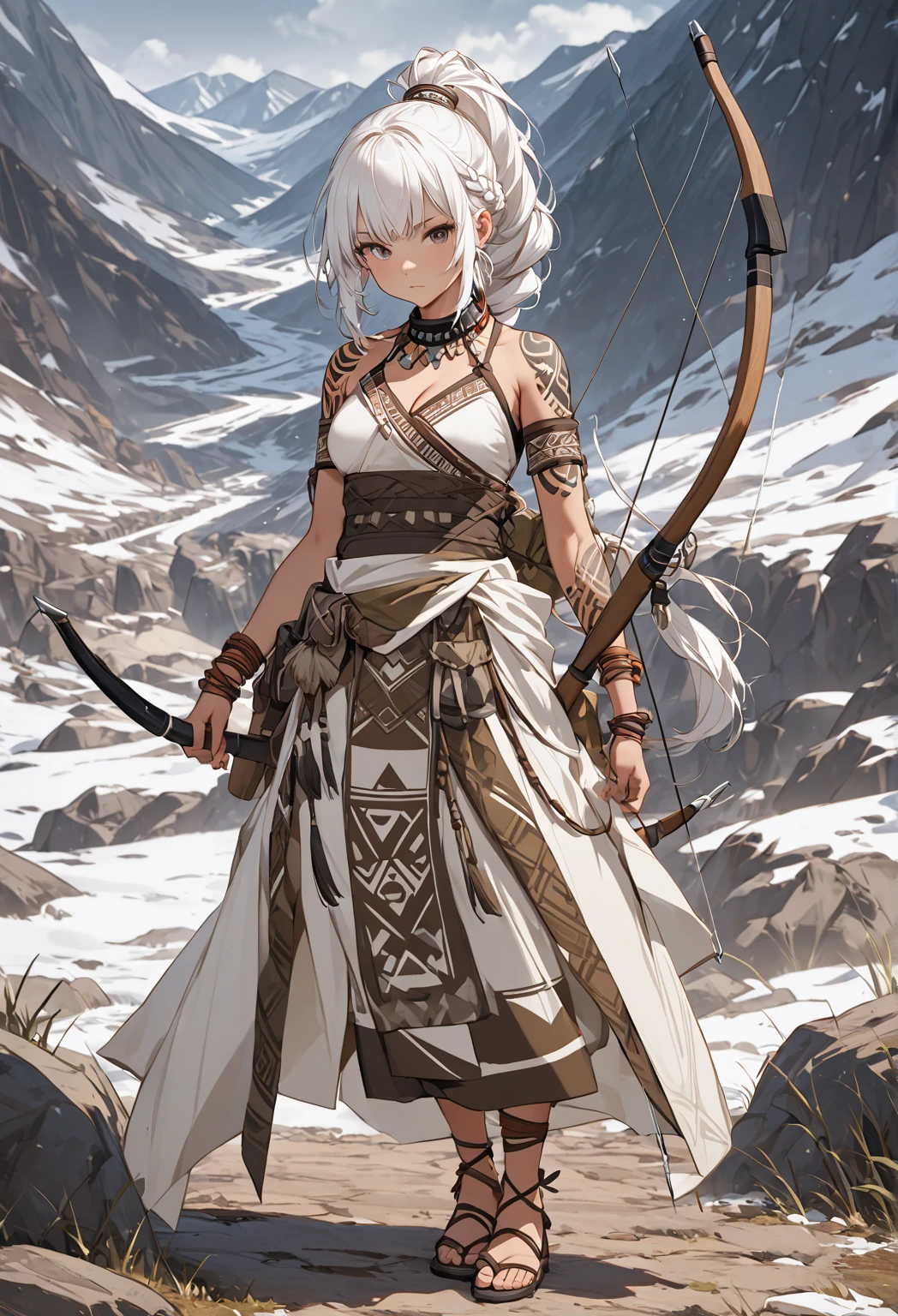 1 sheep woman, sheep's snout, shaman outfit, white hair, dark-skinned female, anime art, holding an axe with both hands, muscular female, pointed nails, messy hair, white eyes ,