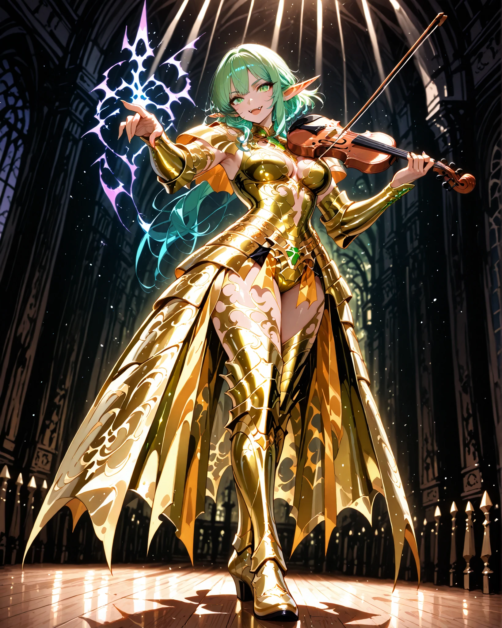 Frontal angle, full body, (masterpiece, 4k, ultra-detailed, vivid and vibrant colors), {1woman}:(a beautiful and attractive woman, short green hair, green eyes, elf ears and vampire fangs, wearing golden armor inspired by the anime Knights of the Zodiac, but in a very revealing and sexy way, standing in a dynamic pose playing the violin smiling and showing vampire fangs), no background, neutral background, lighting creating shadows and details