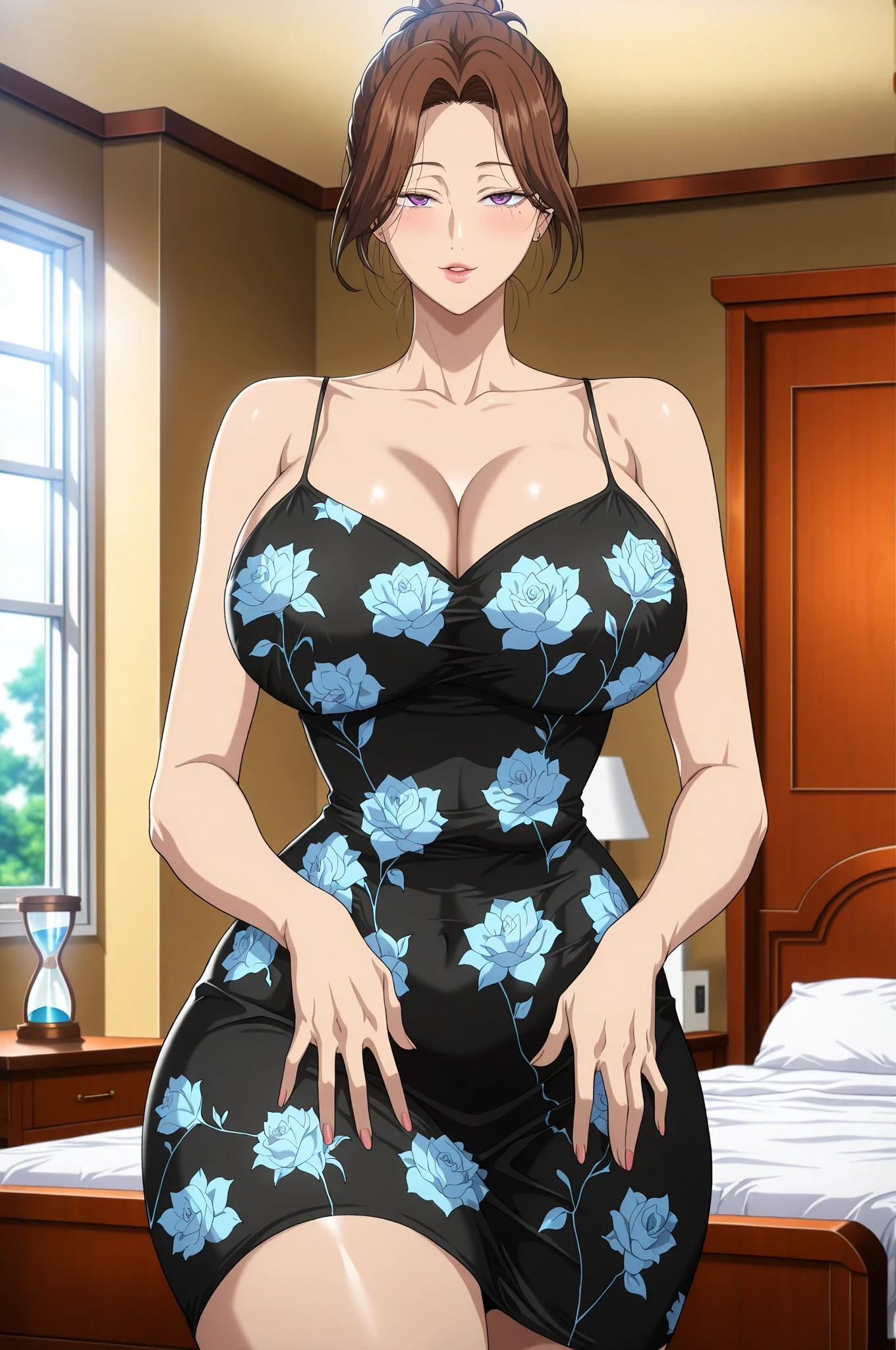 t-rex_studio_animation_style, anime screencap, anime coloring,dark_art_style,masterpiece,top quality,amazing quality (ultra detailed), (very aesthetic), (absurdres), (highres), (newest detailed hands), (perfect eyes), (perfect face), (soft shading), (anime style), (anime screencap), (anime colouring), (detailed background), (cinematic depth of field), (natural skin texture), (realistic fabric folds), detail background,score_9, score_8_up, score_7_up, source_anime,,(mature women:1.2),(big breast1.2),(curvy),(cowboy shot:1.2),1girl, milf, mature female, curvy body, hourglass figure, wide hips, thick thighs, large breasts, mature beauty,confident woman,(seductive pose :1.7),,eun-ae cha, short hair, brown hair, purple eyes, hair bun, parted bangs, mature female, large breasts, BEAK : masterpiece, best quality, absurdres, newest, hyper-detailed, 1girl, solo, anime style, brown hair, single hair bun, long hair, purple eyes, gentle expression, looking at viewer, huge breasts, cleavage, wide hips, hourglass figure, long black printed floral dress, spaghetti straps, tight dress, standing in bedroom, floral dress hands on hips, seductive pose, indoors, window, detailed face, detailed eyes, high detail,,((((seductive pose)))