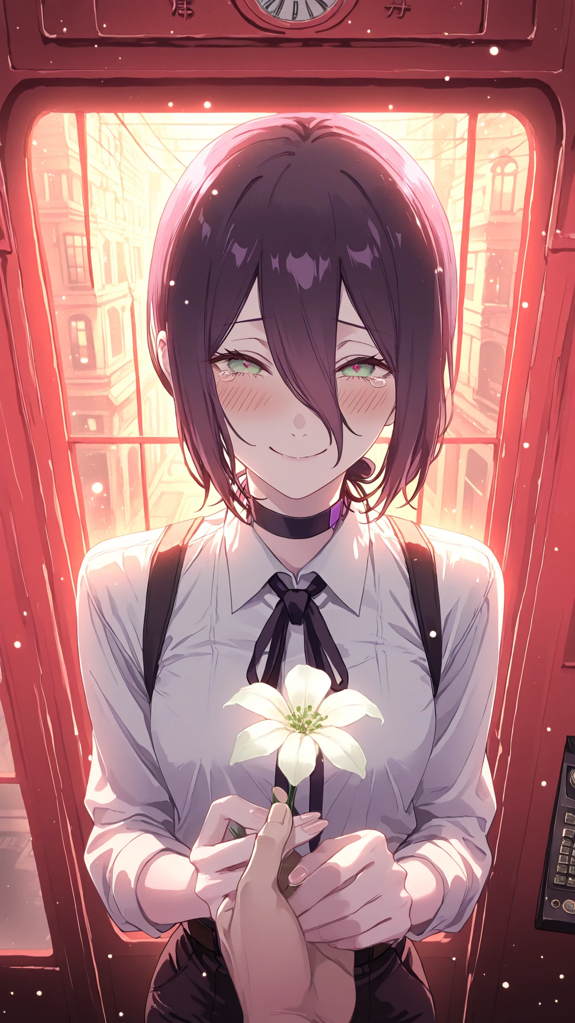 ultra high definition,1girl,reze,naughty face,Woman in a telephone booth,Smile,Blush,fascinated expression,Holding a white flower in your hand,looking at this,A fantastic atmosphere that makes you feel like you are on the border between reality and fantasy,Mysterious city scene where it rains,extreme high angle,teary eyes,Beautiful light particles
