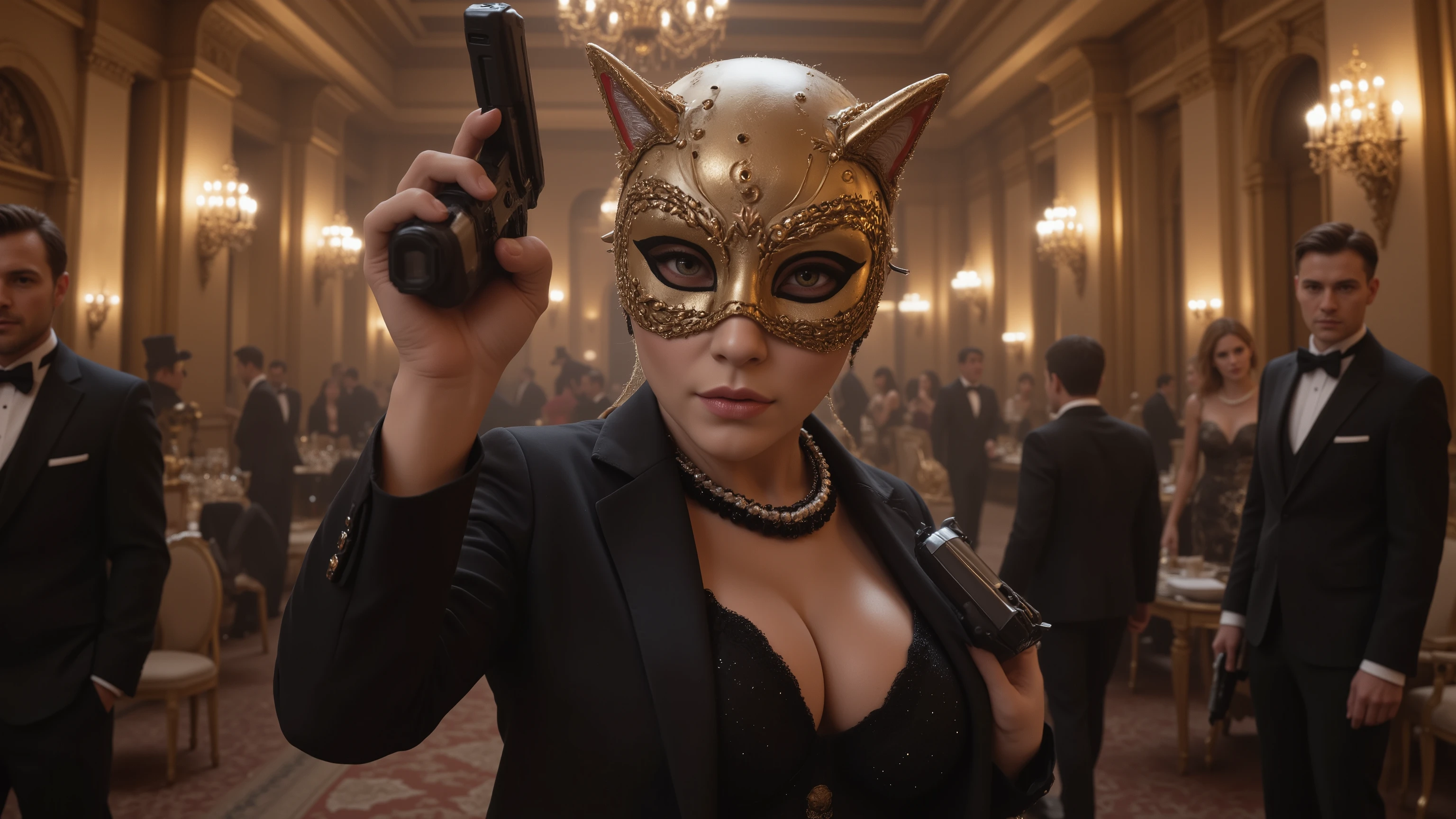 Secret agent infiltrating a luxurious masked gala, dressed in elegant formal attire, subtly using advanced spy gadgets, surrounded by unsuspecting elites, ornate baroque architecture, chandeliers casting golden light, tension in eyes, cinematic lighting, ray-tracing, UHD, HDR, 32K, masterpiece, award-winning composition, intrigue and danger