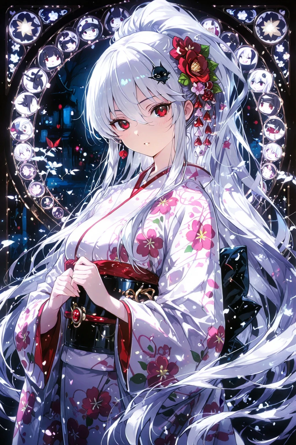 portrait of a beautiful geisha in the wisteria forest, close face, dark night, , (Beautifully Aesthetic:1.2),wisteria, peace, tranquility, serenity, petals, red kimono, white hair