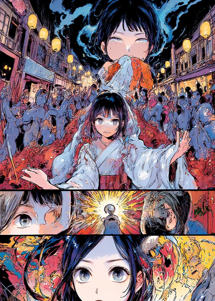 anime style, woman with red eyes, drunk, behind her several blue and red medicine capsules floating, dark image