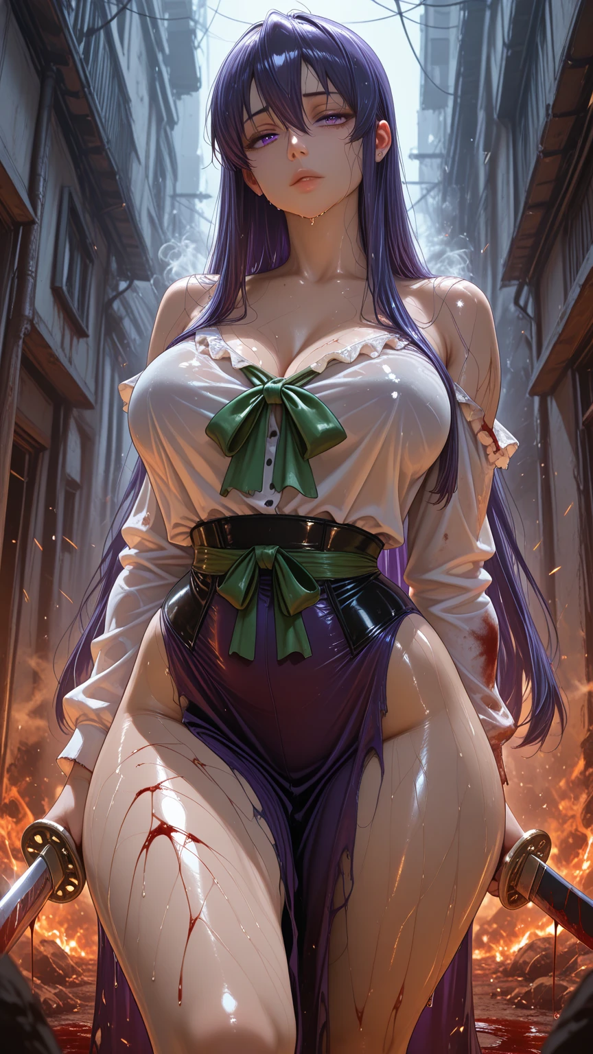 Woman in a red latex top stretching her arms, Purple Hair,stop temporarily(Please raise your hand + blush), Anatomically correct,(((Big Breasts))),Voluptuous body,Protruding nipples,((Sweaty skin)),with Please raise your hand, Underarm, Smooth body features, spread both arms wide, (((Excessive sweating))), Arms stretched out, elegant arms, elegant, Arms stretched out, Arms stretched out,Browsing Caution,Oily skin