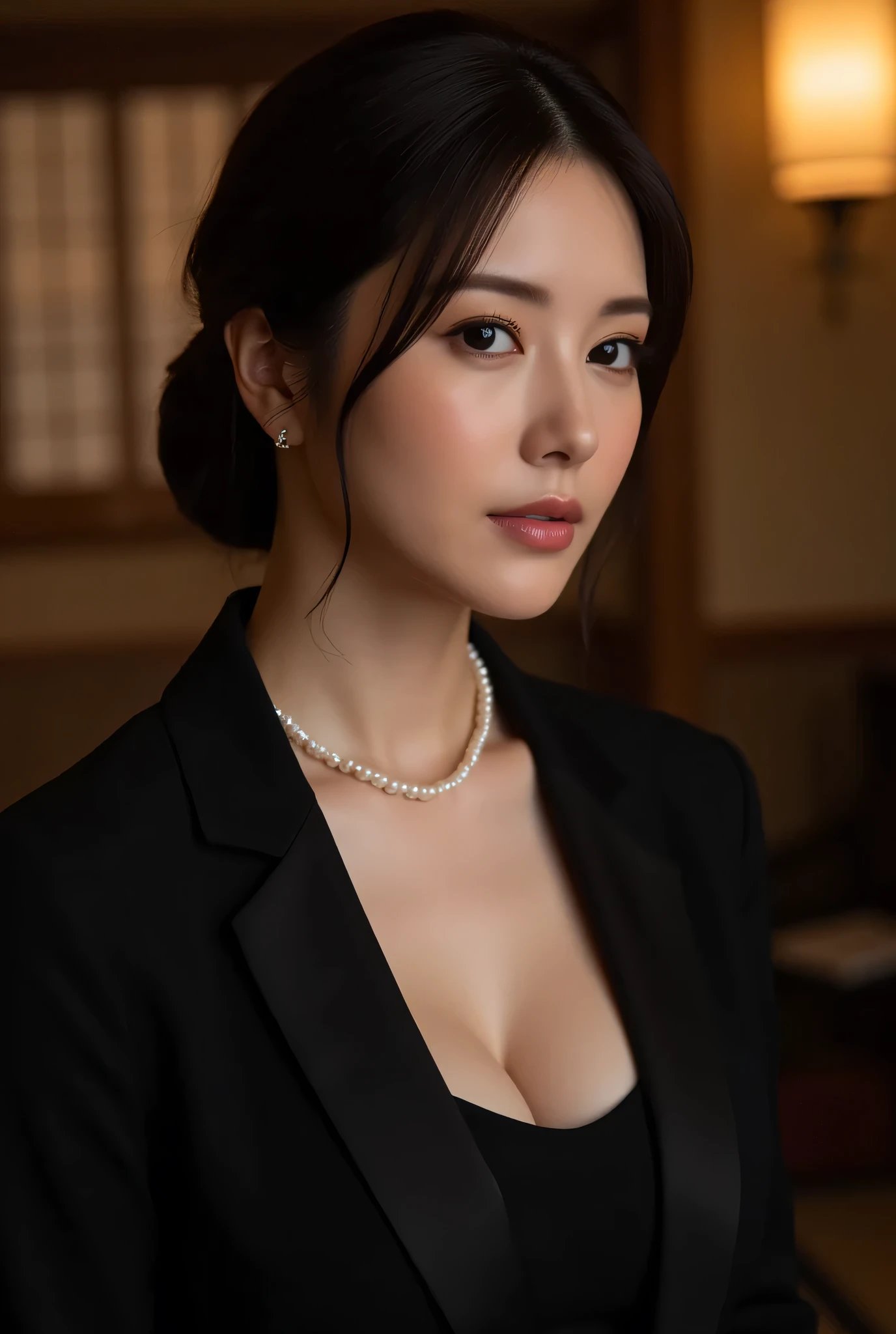 (Highest Quality、greatest masterpiece、8k、best image quality、winning work)、(beautiful mature 40 year old woman:1.4)、 perfect and beautiful composition 、(black long sleeve jacket:1.2)、(Black U neck inner shirt:1.3)、(cleavage:1.2)、Aged face with wrinkles、(big breasts:1.3)、(short chignon :1.2)、(face close-up:1.3)、(A dim room with only backlighting from a chignon:1.3)、(Perfect pearl necklace:1.3)、standing gracefully、Modest light makeup、 Ultra High Resolution Beautiful Face 、ultra high definition hair、Ultra High Resolution Sparkling Eyes、super high resolution glossy lips、accurate anatomy、(Dim and elegant Japanese-style room background:1.5)、(dim Japanese-style room with only warm lamp lighting:1.5)、(sad expressionless :1.5)、Sliding Doors、Shoji screen、tatami、(Warm colored lamp backlight:1.5)、(lamp exposing the forehead:1.5)
