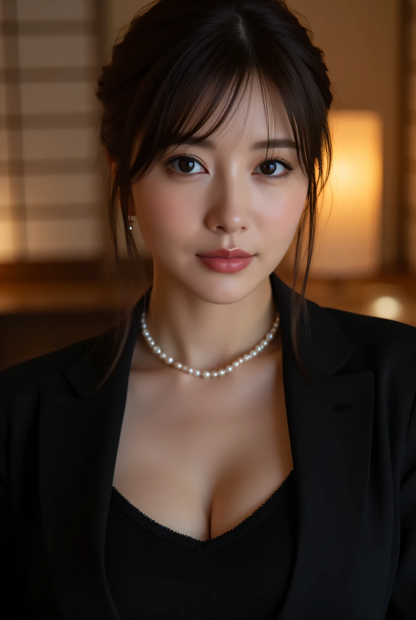 (Highest Quality、greatest masterpiece、8k、best image quality、winning work)、(beautiful mature 40 year old woman:1.4)、 perfect and beautiful composition 、(black long sleeve jacket:1.2)、(Black U neck inner shirt:1.3)、(cleavage:1.2)、Aged face with wrinkles、(big breasts:1.3)、(short chignon :1.2)、(face close-up:1.3)、(A dim room with only backlighting from a chignon:1.3)、(Perfect pearl necklace:1.3)、standing gracefully、Modest light makeup、 Ultra High Resolution Beautiful Face 、ultra high definition hair、Ultra High Resolution Sparkling Eyes、super high resolution glossy lips、accurate anatomy、(Dim and elegant Japanese-style room background:1.5)、(dim Japanese-style room with only warm lamp lighting:1.5)、(sad expressionless :1.5)、Sliding Doors、Shoji screen、tatami、(Warm colored lamp backlight:1.5)、(lamp exposing the forehead:1.5)