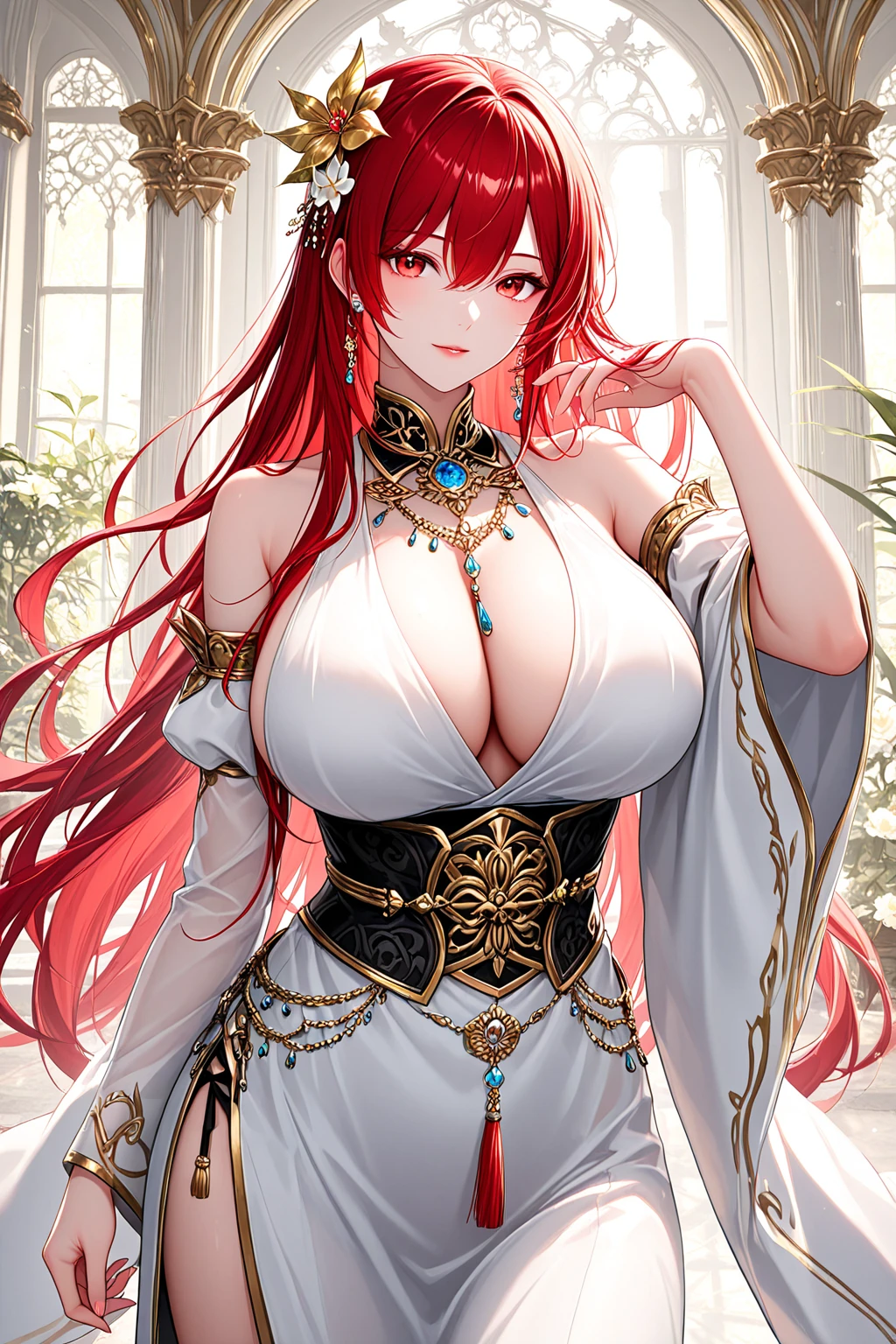 Highest quality、highest quality、Highest Resolution、beautiful girl, Bright red hair、Big Tits、 Detailed purple eyes, Sexy white gorgeous dress,Firm breasts,Big cleavage、necklace、Earrings、In close range、Sexy look、Poses that accentuate the chest