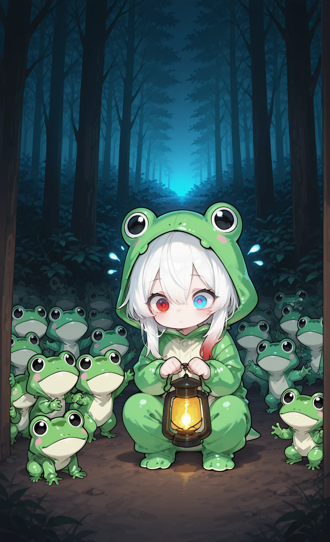 Melys Chibi, masterpiece, best quality, ultra-detailed:1.3, chibi style, pure white hair with soft gradient red tips, heterochromia, fair skin, wearing frog onesie, hiding behind a lantern-lit tree, peeking at the Night Parade of One Hundred Demons, mixture of fear and awe in expression, eerie spirits (yokai) passing by, dark forest, ghostly lights, mysterious atmosphere