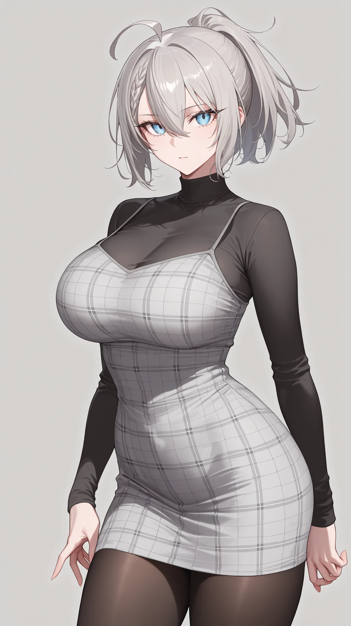 1girl, solo, anime girl, elegant, badass, baltimore, masterpiece, very aesthetic, grey hair, ahoge, short hair, hair between eyes, ponytail, light blue eyes, sharp eye outlines, long eyelashes, big breasts, curvy body, black turtleneck, long sleeve, grey camisole dress, plaid camisole, black pantyhose, demure posture, standing, model, looking at viewer, dynamic angle, simple background, soft skin, volume light, depth of field, high detail, highres, ultra-detailed, detailed face, (detailed eyes), (perfect eyes), perfect composition, intricate details, detailed and polished anime style, (detailed hand), (perfect hand), 4K, 8K