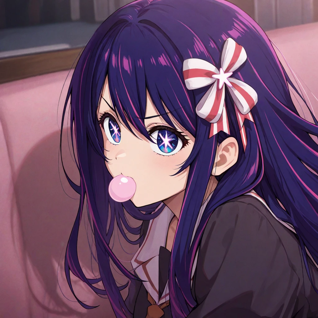 1 girl,(Ai Hoshino, Long hair, Purple hair, Striped hair ,Purple eyes, Star-shaped pupils, hair adornments) ,Vibrant colors, Girl, Masterpiece, Sharp focus, Best quality, Depth of field, 、, heartthrob, Sparkle, Outdoors, Stage, City, Singing, Nice details