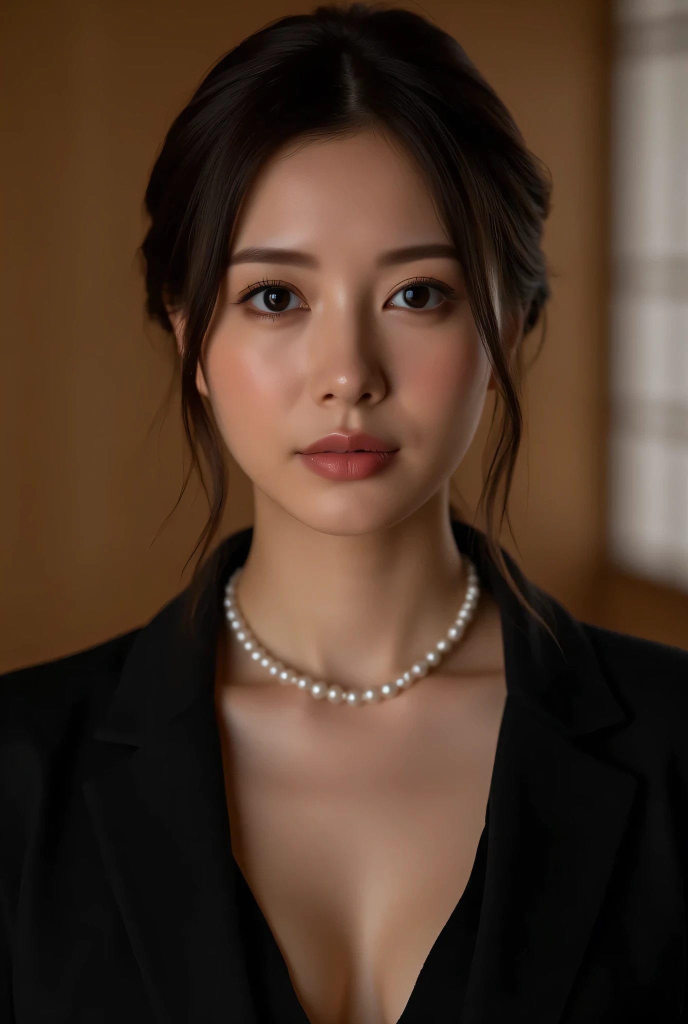 (Highest Quality、greatest masterpiece、8k、best image quality、winning work)、(Beautiful mature 45 year old woman:1.4)、 perfect and beautiful composition 、(black long sleeve jacket:1.2)、(black U-neck inner shirt:1.3)、(cleavage:1.2)、(Aged face with wrinkles:1.1)、(big breasts:1.3)、(short chignon :1.2)、(face close-up:1.3)、(chignon completely exposing her forehead:1.3)、(Perfect pearl necklace:1.3)、standing gracefully、Modest light makeup、 Ultra High Resolution Beautiful Face 、ultra high definition hair、Ultra High Resolution Sparkling Eyes、super high resolution glossy lips、accurate anatomy、(Dim and elegant Japanese-style room background:1.5)、(dim Japanese-style room with only warm lamp lighting:1.5)、(sad expressionless :1.5)、Sliding Doors、Shoji screen、tatami、(Warm colored lamp backlight:1.5)、(lamp exposing the forehead:1.5)、(most moody and romantic atmosphere:1.3)