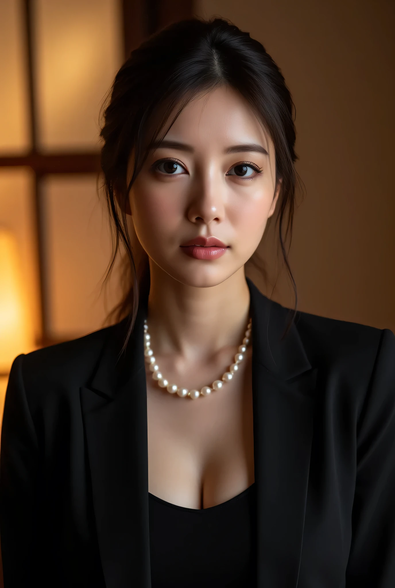 (Highest Quality、greatest masterpiece、8k、best image quality、winning work)、(beautiful mature 40 year old woman:1.4)、 perfect and beautiful composition 、(black long sleeve jacket:1.2)、(black U-neck inner shirt:1.4)、(cleavage:1.2)、Aged face with wrinkles、big breasts、(short chignon :1.2)、(face close-up:1.3)、(Perfect pearl necklace:1.1)、standing gracefully、Modest light makeup、 Ultra High Resolution Beautiful Face 、ultra high definition hair、Ultra High Resolution Sparkling Eyes、super high resolution glossy lips、accurate anatomy、(Dim and elegant Japanese-style room background:1.5)、(dim Japanese-style room with only warm lamp lighting:1.5)、(sad expressionless :1.5)、Sliding Doors、Shoji screen、tatami、(Warm colored lamp backlight:1.5)、(lamp exposing the forehead:1.5)