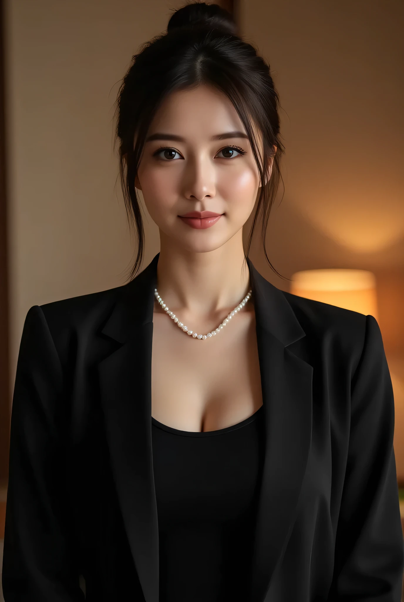 (Highest Quality、greatest masterpiece、8k、best image quality、winning work)、(Beautiful mature 45 year old woman:1.4)、 perfect and beautiful composition 、(black long sleeve jacket:1.2)、(black U-neck inner shirt:1.3)、(cleavage:1.2)、(Aged face with wrinkles:1.1)、(big breasts:1.3)、(short chignon :1.2)、(face close-up:1.3)、(chignon completely exposing her forehead:1.3)、(Perfect pearl necklace:1.3)、standing gracefully、Modest light makeup、 Ultra High Resolution Beautiful Face 、ultra high definition hair、Ultra High Resolution Sparkling Eyes、super high resolution glossy lips、accurate anatomy、(Dim and elegant Japanese-style room background:1.5)、(dim Japanese-style room with only warm lamp lighting:1.5)、(sad expressionless :1.5)、Sliding Doors、Shoji screen、tatami、(Warm colored lamp backlight:1.5)、(lamp exposing the forehead:1.5)、(most moody and romantic atmosphere:1.3)