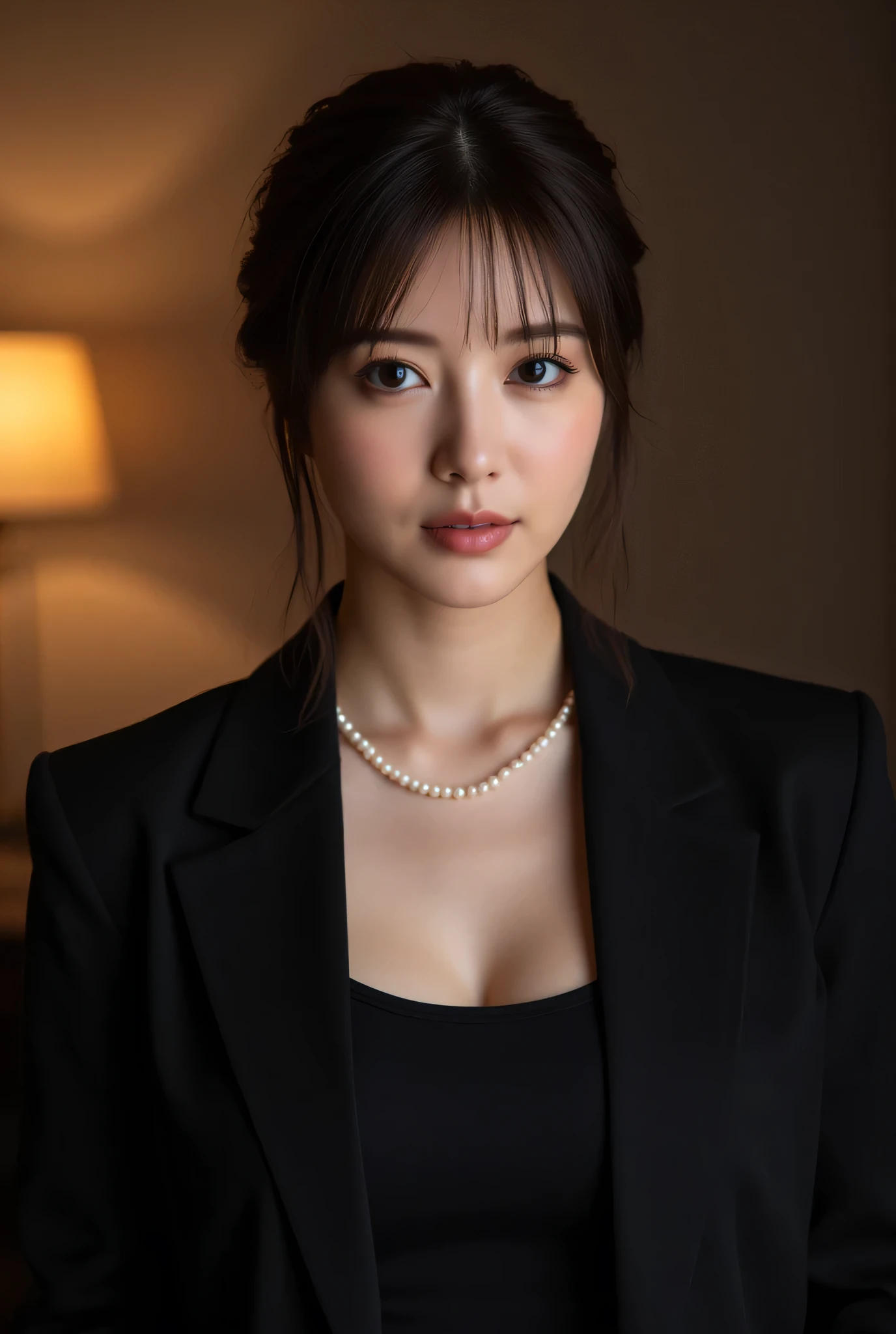 (Highest Quality、greatest masterpiece、8k、best image quality、winning work)、(beautiful mature 40 year old woman:1.4)、 perfect and beautiful composition 、(black long sleeve jacket:1.2)、(black U-neck inner shirt:1.4)、(cleavage:1.2)、Aged face with wrinkles、big breasts、(short chignon :1.2)、(face close-up:1.3)、(Perfect pearl necklace:1.1)、standing gracefully、Modest light makeup、 Ultra High Resolution Beautiful Face 、ultra high definition hair、Ultra High Resolution Sparkling Eyes、super high resolution glossy lips、accurate anatomy、(Dim and elegant Japanese-style room background:1.5)、(dim Japanese-style room with only warm lamp lighting:1.5)、(sad expressionless :1.5)、Sliding Doors、Shoji screen、tatami、(Warm colored lamp backlight:1.5)、(lamp exposing the forehead:1.5)