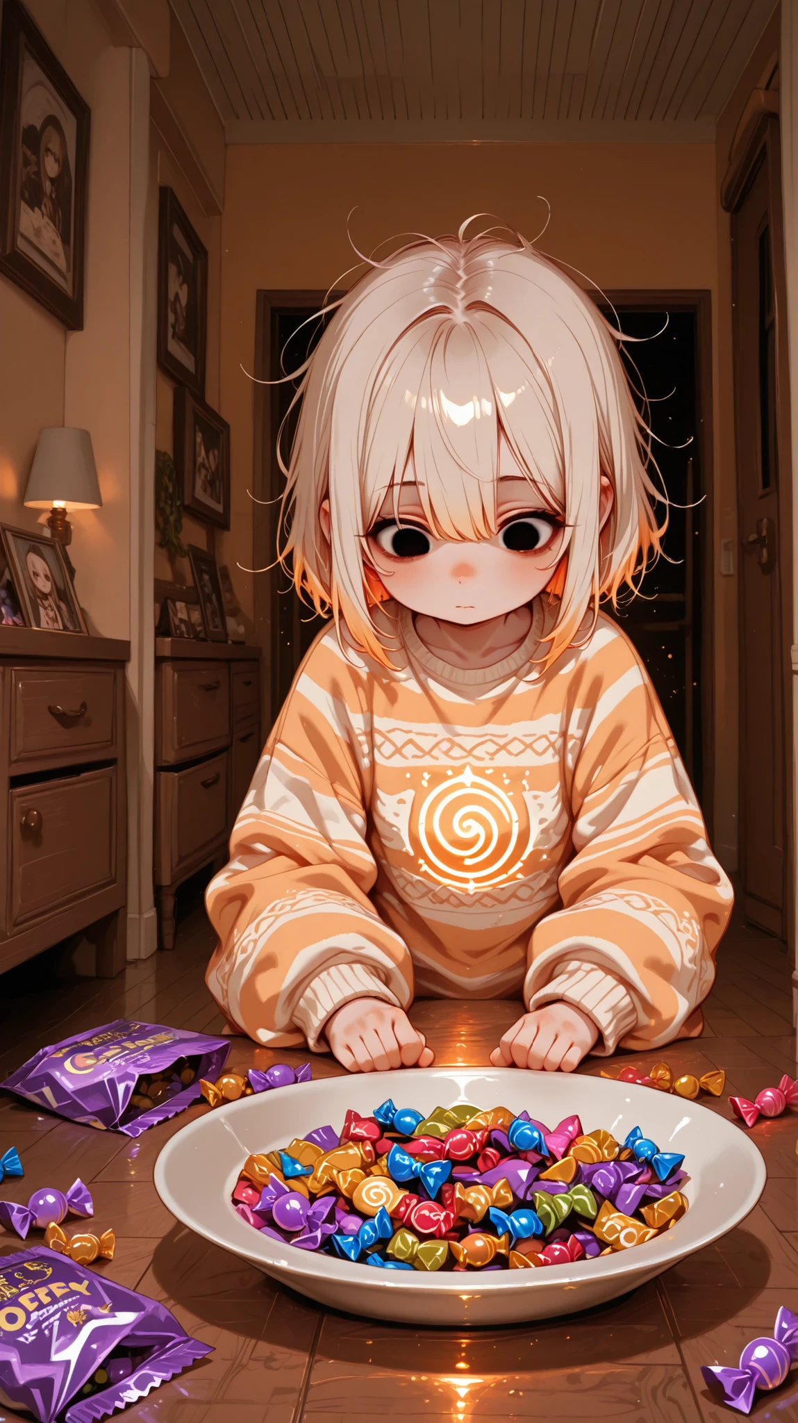 super detailed, Original photo, 8K Wallpaper, Little Girl with Disheveled Hair, secretly takes candy from grandma's candy plate, Oversized Striped Sweater, little hands grab colorful wrapped candies, is looking around while being alert with big innocent eyes, Cozy Living Room Setup, afternoon warm glow, Background is neutral off-white, Charming Childhood Moments, Detailed Candy Wrappers, soft focus, Heartwarming Scenes