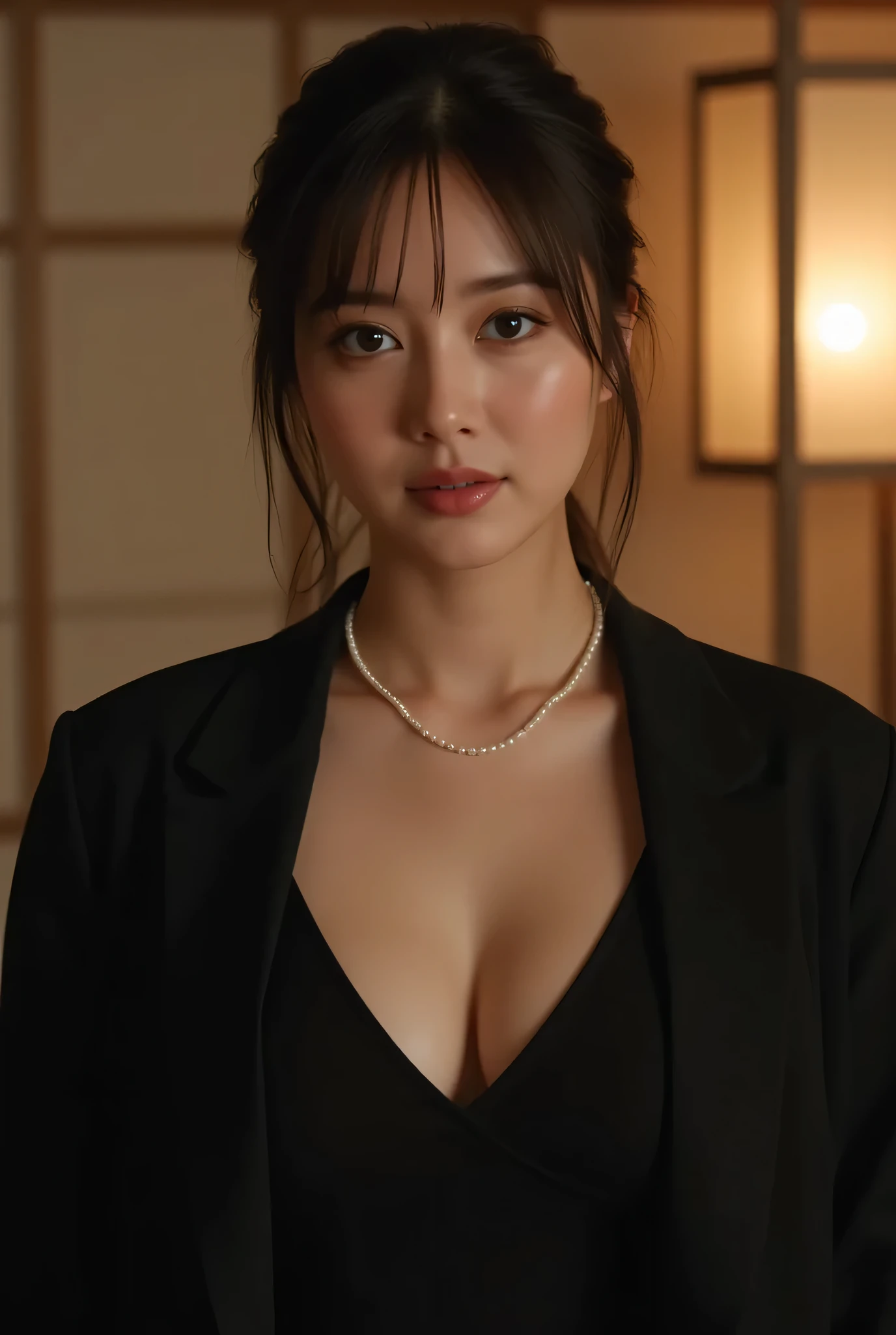 (Highest Quality、greatest masterpiece、8k、best image quality、winning work)、(Beautiful mature 45 year old woman:1.4)、 perfect and beautiful composition 、(black long sleeve jacket:1.2)、(black U-neck inner shirt:1.3)、(cleavage:1.2)、(Aged face with wrinkles:1.1)、(big breasts:1.3)、(short chignon :1.2)、(face close-up:1.3)、(chignon completely exposing her forehead:1.3)、(Perfect pearl necklace:1.3)、standing gracefully、Modest light makeup、 Ultra High Resolution Beautiful Face 、ultra high definition hair、Ultra High Resolution Sparkling Eyes、super high resolution glossy lips、accurate anatomy、(Dim and elegant Japanese-style room background:1.5)、(dim Japanese-style room with only warm lamp lighting:1.5)、(sad expressionless :1.5)、Sliding Doors、Shoji screen、tatami、(Warm colored lamp backlight:1.5)、(lamp exposing the forehead:1.5)、(most moody and romantic atmosphere:1.3)
