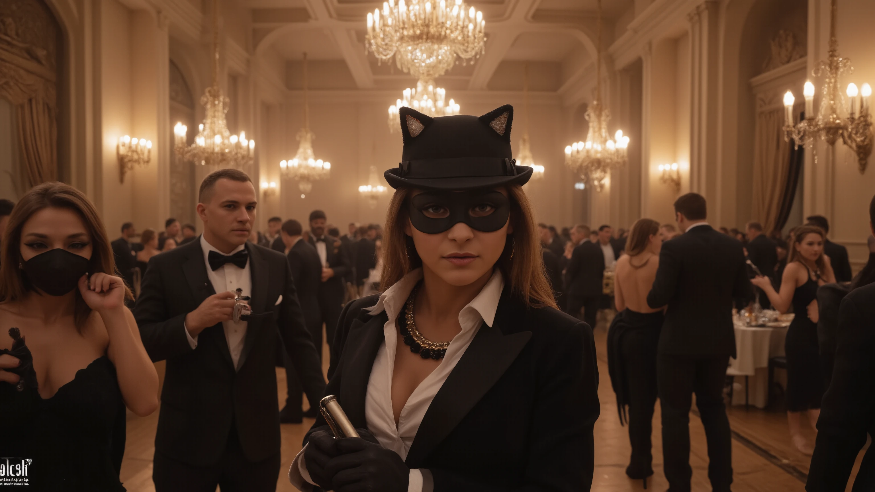 Secret agent infiltrating a luxurious masked gala, dressed in elegant formal attire, subtly using advanced spy gadgets, surrounded by unsuspecting elites, ornate baroque architecture, chandeliers casting golden light, tension in eyes, cinematic lighting, ray-tracing, UHD, HDR, 32K, masterpiece, award-winning composition, intrigue and danger