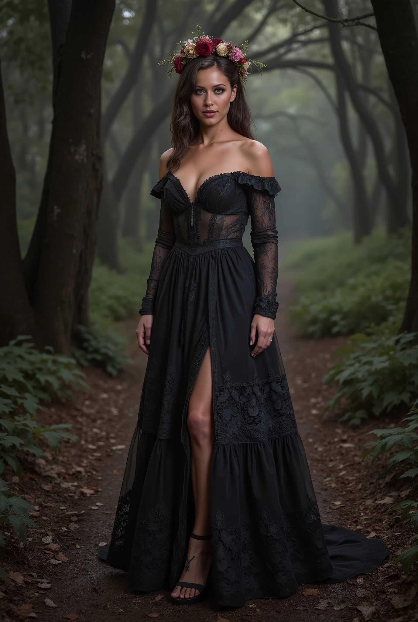 vicdress,the_queen_21,A woman in a sexy and transparent black dress and a wreath of flowers on her head. background a mysterious and dark forest.