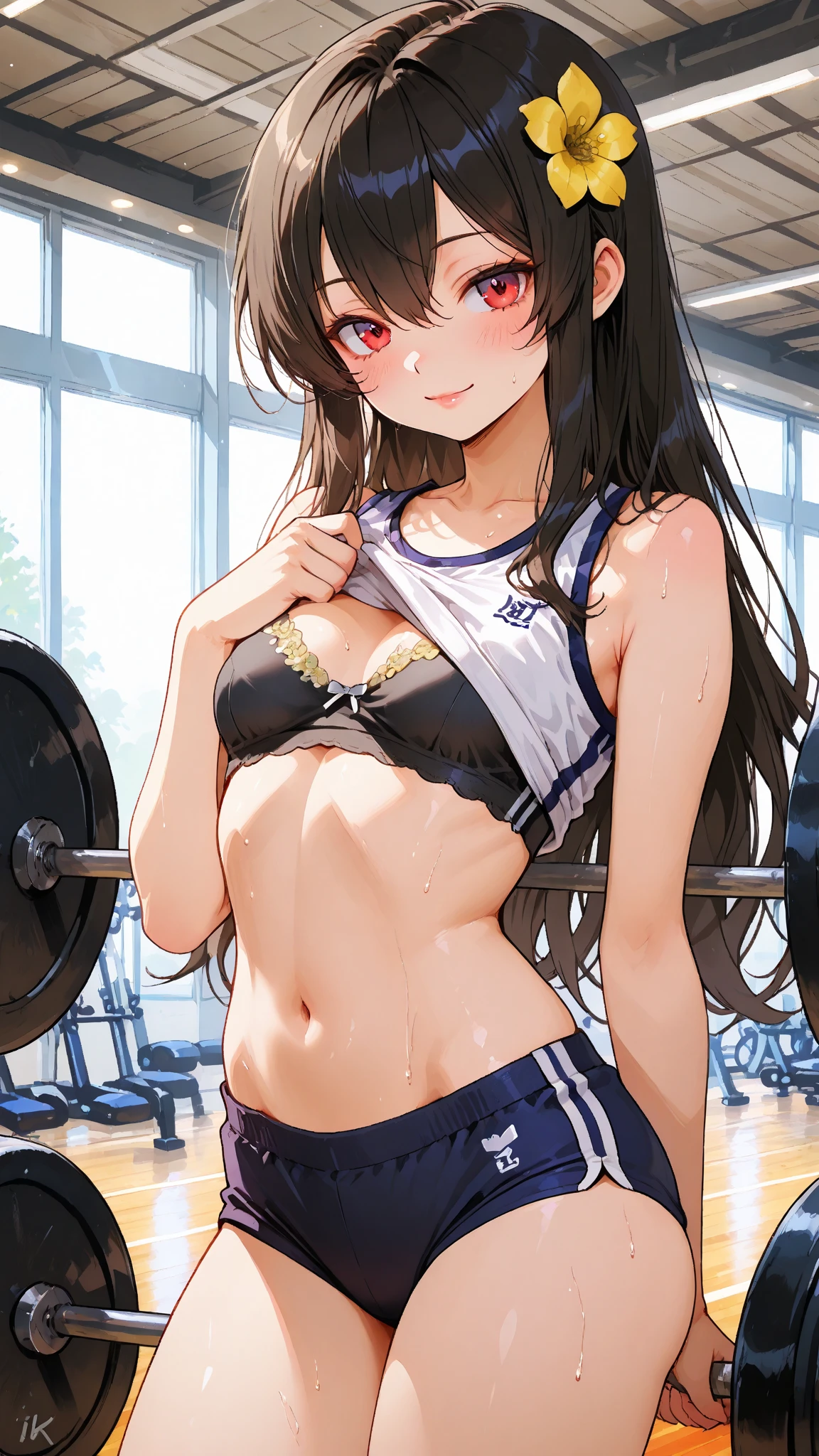 Maki: ore no imouto ga konna ni kawaii wake ga nai, 25-yers-old girl with wavy brown hair wearing ???? shorts and sports bra with long socks and blue sneakers, stretching in the gym