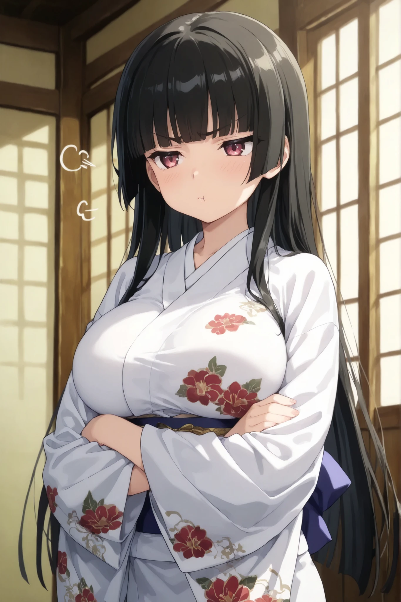 (1 girl) Edo period noblegirl, cute, short, petite, voluptuos, big breasts, hime cut, kimono. Pouting, arms crossed.