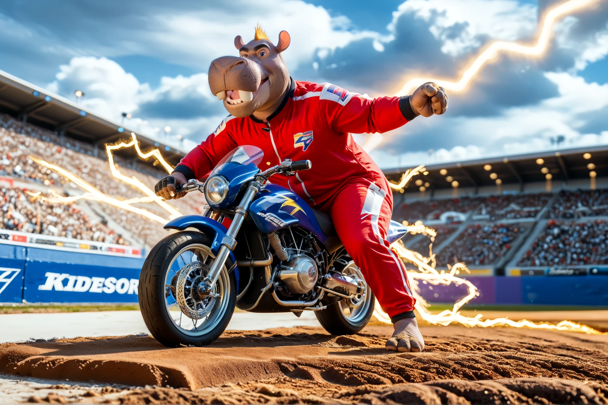 masterpiece, best quality, ultra-highres, ((anthro hippo)), ((Beshte)), ((hippo boy)), gray skin, big mouth, big teeth, ((1boy)), ((motocross championship)), ((professional racing suit)), ((barefoot stunt rider)), ((nice furry feet paws)), ((motorcycle soaring through air)), ((golden lightning trails)), ((blue electric energy)), ((red thunder effects)), ((yellow lightning bolts)), ((purple electricity)), ((cloudy dramatic sky)), ((motion blur)), ((dirt bike details)), ((mid-jump pose)), ((extreme sports photography)), ((stadium lights)), ((crowd below)), ((dynamic action shot)),   