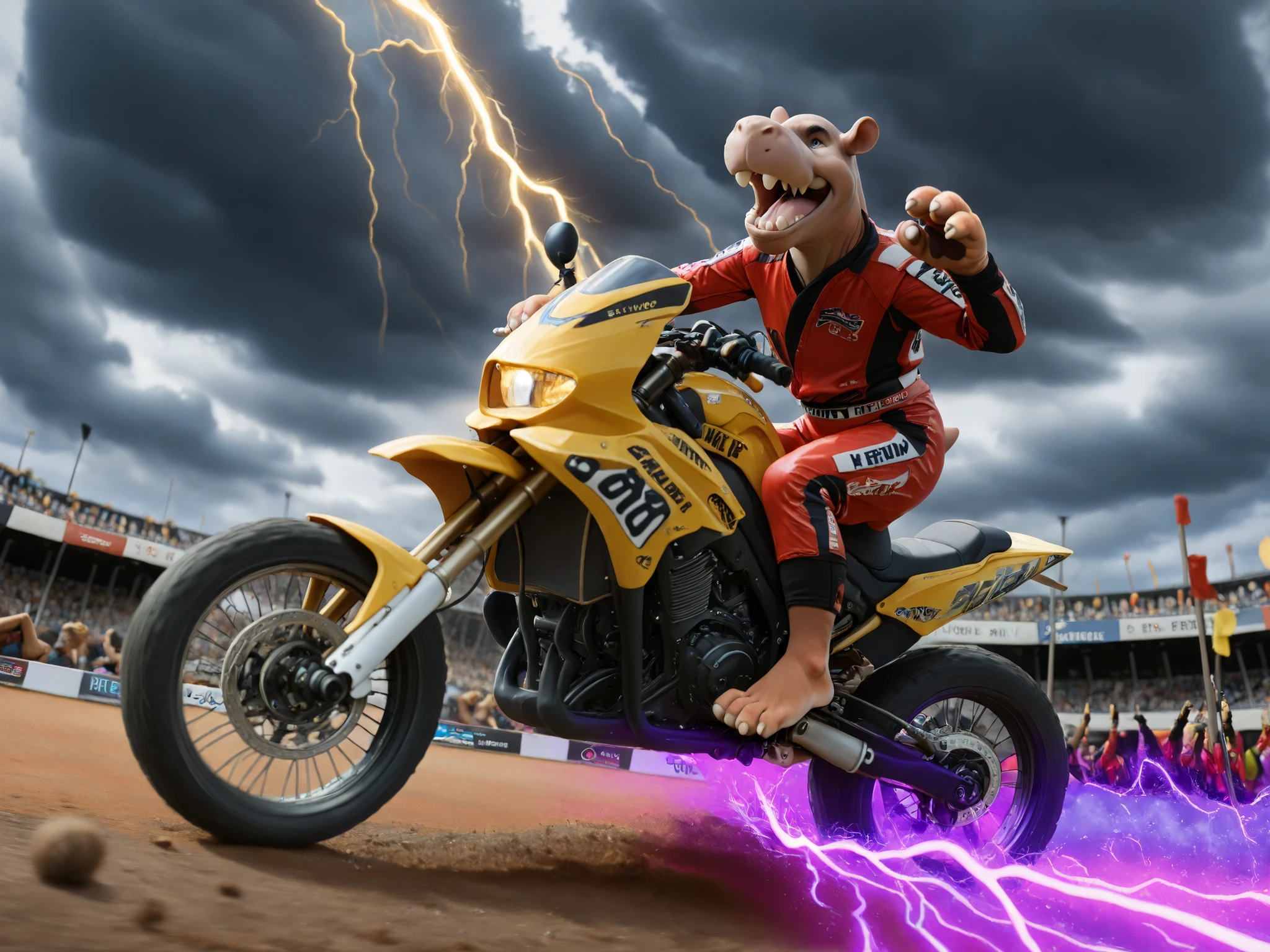 masterpiece, best quality, ultra-highres, ((anthro hippo)), ((Beshte)), ((hippo boy)), gray skin, big mouth, big teeth, ((1boy)), ((motocross championship)), ((professional racing suit)), ((barefoot stunt rider)), ((nice furry feet paws)), ((motorcycle soaring through air)), ((golden lightning trails)), ((blue electric energy)), ((red thunder effects)), ((yellow lightning bolts)), ((purple electricity)), ((cloudy dramatic sky)), ((motion blur)), ((dirt bike details)), ((mid-jump pose)), ((extreme sports photography)), ((stadium lights)), ((crowd below)), ((dynamic action shot)),