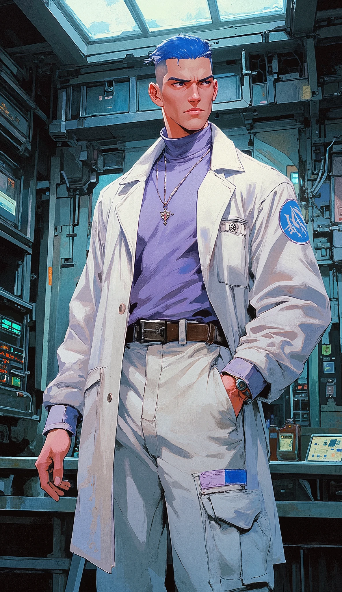 (masterpiece, best quality, ultra-detailed, high resolution, exquisite), mature anime illustration art, realistic ambient light,
1man, solo, A tall, lean man with fair skin, standing confidently in a laboratory styled after an ancient super-civilization. He has an extremely short, neat royal blue buzz-cut hairstyle, a chiseled face with a strong jawline, thick well-defined eyebrows, and sharp, intelligent eyes with a calm, rational expression.
He wears a white mid-length futuristic scientist's coat made of a lightweight, functional material, featuring a blue circular badge on the left arm and a small blue logo on the . Underneath, he wears a light purple turtleneck shirt with blue patchwork accents on the collar and shoulders. He is wearing white cargo pants with a purple decorative stripe down the side.
His posture is upright and composed, exuding an unhurried aura, with his left hand casually tucked into his coat pocket.
perfect human , perfect hands, normal five fingers.