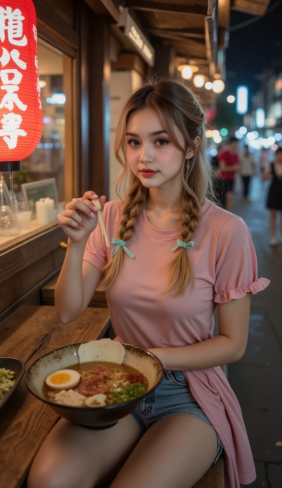 （Highest Quality。 highest resolution。 super realistic pictures 。 Full body portrait 。）A beautiful woman with long hair sits on an old wooden bench at a ramen stand in a Japanese rear car late at night 。 More beautiful than a beautiful actress。 Beautiful Young Woman。 She has a beautiful and pretty face、Looks like a top model 。  she's 23。 most beautiful face in the world 。 彼女のlong, beautiful hair is a symbol of female beauty 。  Attractive Ratio  。 ほっそりandした体 。 and、has a beautiful and adorable face like a top model 。 Thin noodles hanging from a late-night Japanese food stall、 small wooden stall 、andスライスしたソフトベーコンがきれいに並んでいます。 The soft light of a red lantern、 Her hair is braided into two pigtails、A bowl filled with ramen is placed on a wooden counter and eating ramen with a delicious smile。and I'm wearing a pink baggy t-shirt clear, Clear soup、 Cutting a boiled egg, Chopped green onions, and sliced soft bacon are neatly arranged on top of the thin noodles、 Eating with disposable chopsticks（A plate of）、Sip noodles（ I'm going now ）、 Cute as she tucks it back while eating.、 頭を横に傾ける甘美な表情がandってもキュート、big boobs、Slender Waist、moderately plump thighs 、Slender ankles、Floral Shirt、 Wearing a pink baggy T-shirt、 Pink high-top sneakers、long, braided into 2 twin tails starting behind the ears、Thin ash-blond hair, thin pastel blue ribbons are tied to each braid, bangs are cut straight。, several loose strands softly framing the cheeks,  Smooth braid texture、