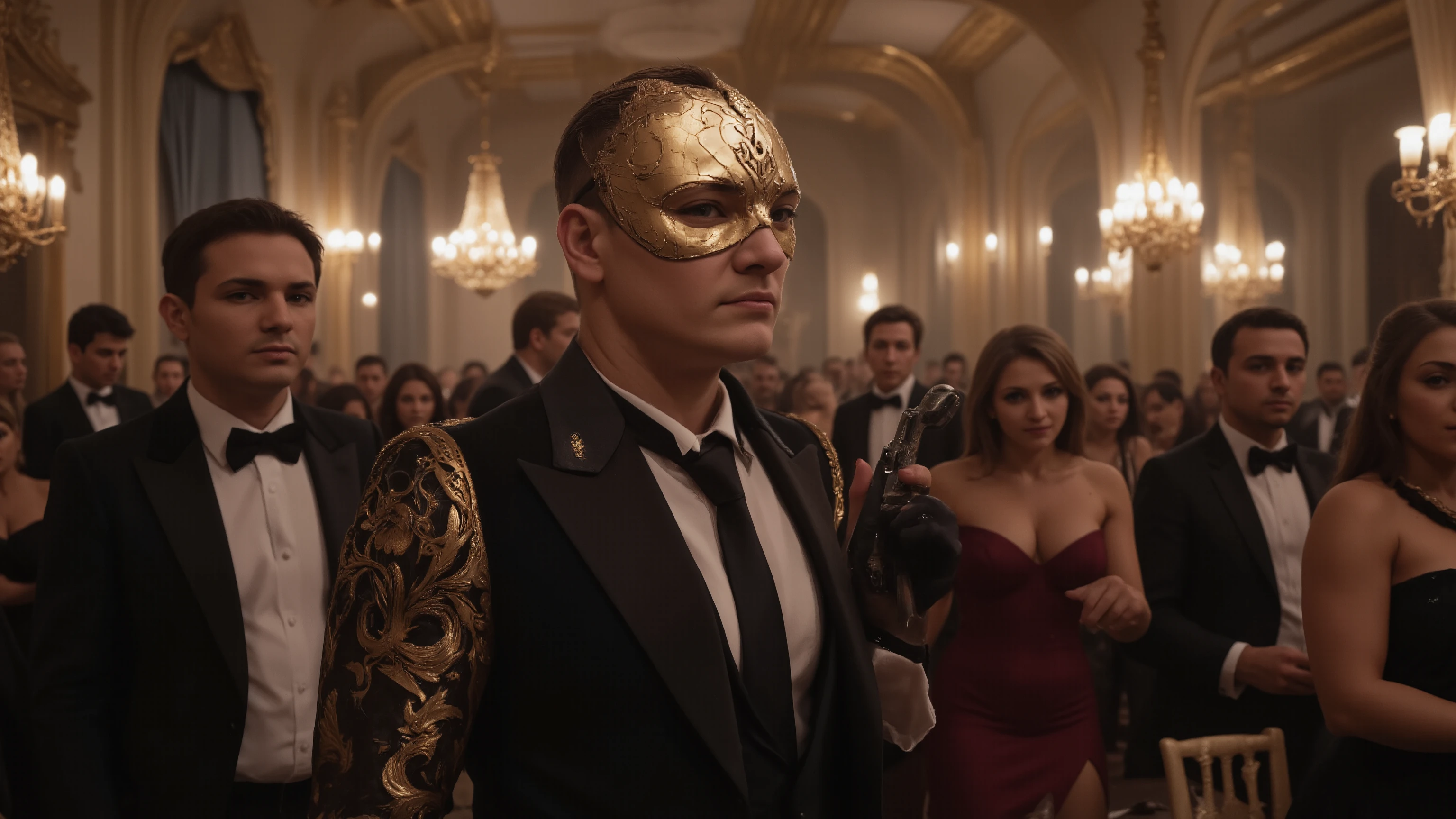 Secret agent infiltrating a luxurious masked gala, dressed in elegant formal attire, subtly using advanced spy gadgets, surrounded by unsuspecting elites, ornate baroque architecture, chandeliers casting golden light, tension in eyes, cinematic lighting, ray-tracing, UHD, HDR, 32K, masterpiece, award-winning composition, intrigue and danger