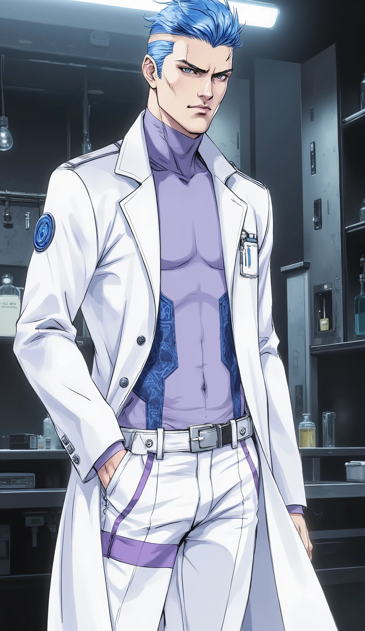 masterpiece, best quality, high detail, exquisite and mature anime illustration art, realistic ambient light.
A tall, lean man, a futuristic sci-fi scientist, fair skin, chiseled face, sharp jawline, thick eyebrows, sharp and intelligent eyes, a calm and rational expression. He has an extremely short royal blue buzz cut, clean and sharp lines.
He is wearing a white mid-length futuristic scientist coat of lightweight functional material, with a circular blue badge on the left arm and a small blue logo on the chest. Underneath, he wears a light purple turtleneck shirt with blue patchwork design on the collar and shoulders, and white cargo pants with a purple stripe on the side.
He stands tall with his left hand in his coat pocket, exuding a composed aura.
The background is an ancient hyper-civilization style laboratory.
Perfect anatomy, perfect hands, five fingers.