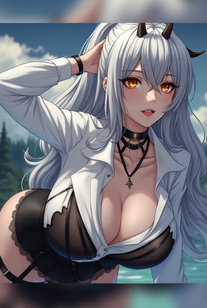 Masterpiece, Very detailed, Ultra-detailed, One, stone-woman - lower half view, with stone skin and body, medium white hair, golden eyes and women's golden lace , with huge breasts and around the moon and stars, terrible and terrifying atmosphere