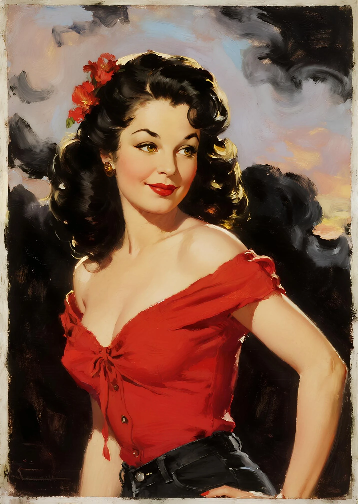 Classic pin-up girl in mid-20th-century style with dark, wavy hair and a playful expression. She wears a tight white top with a deep neckline and high-waisted red shorts, highlighting her hourglass figure. Her pose is lively, with one hand on her hip, set against a clear blue sky framed within an arch. Smooth shading, clean lines, and vibrant colors capture vintage glamour and confidence  <lora:vintagepinup:1>