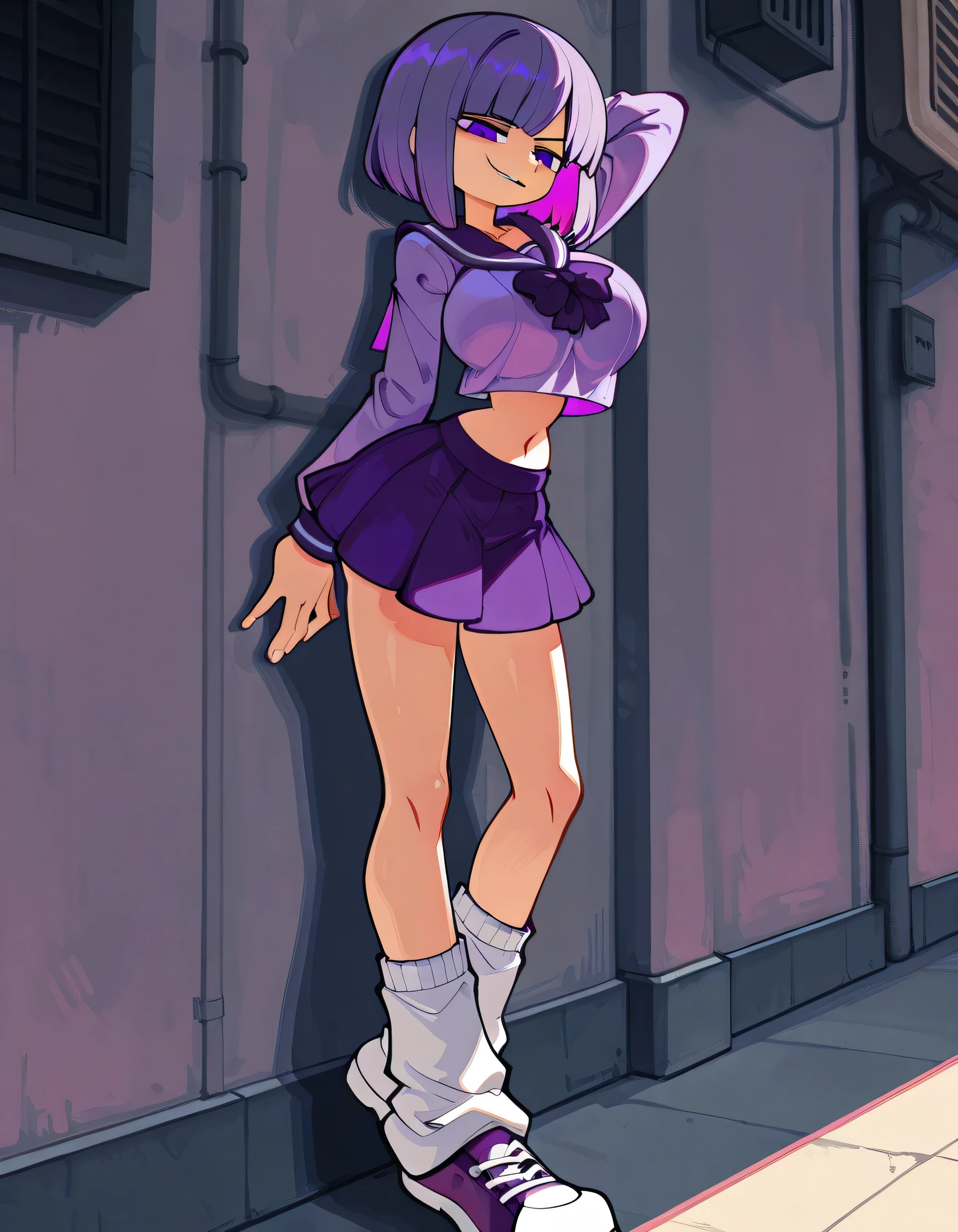 masterpiece, ultra-HD, impressionism, high detail, best quality, very aesthetic, 8k, best quality, beautiful, tmchng , 1girl, mature, solo, smirk, bob cut , bangs , straight hair, purple hair , pink highlights inner , purple eyes, purple sailor school uniform, navel , short skirt, long legs , big breast , arched back , hand behind head , loose socks, casual stance , shoes , lean against wall , alley background , full body,