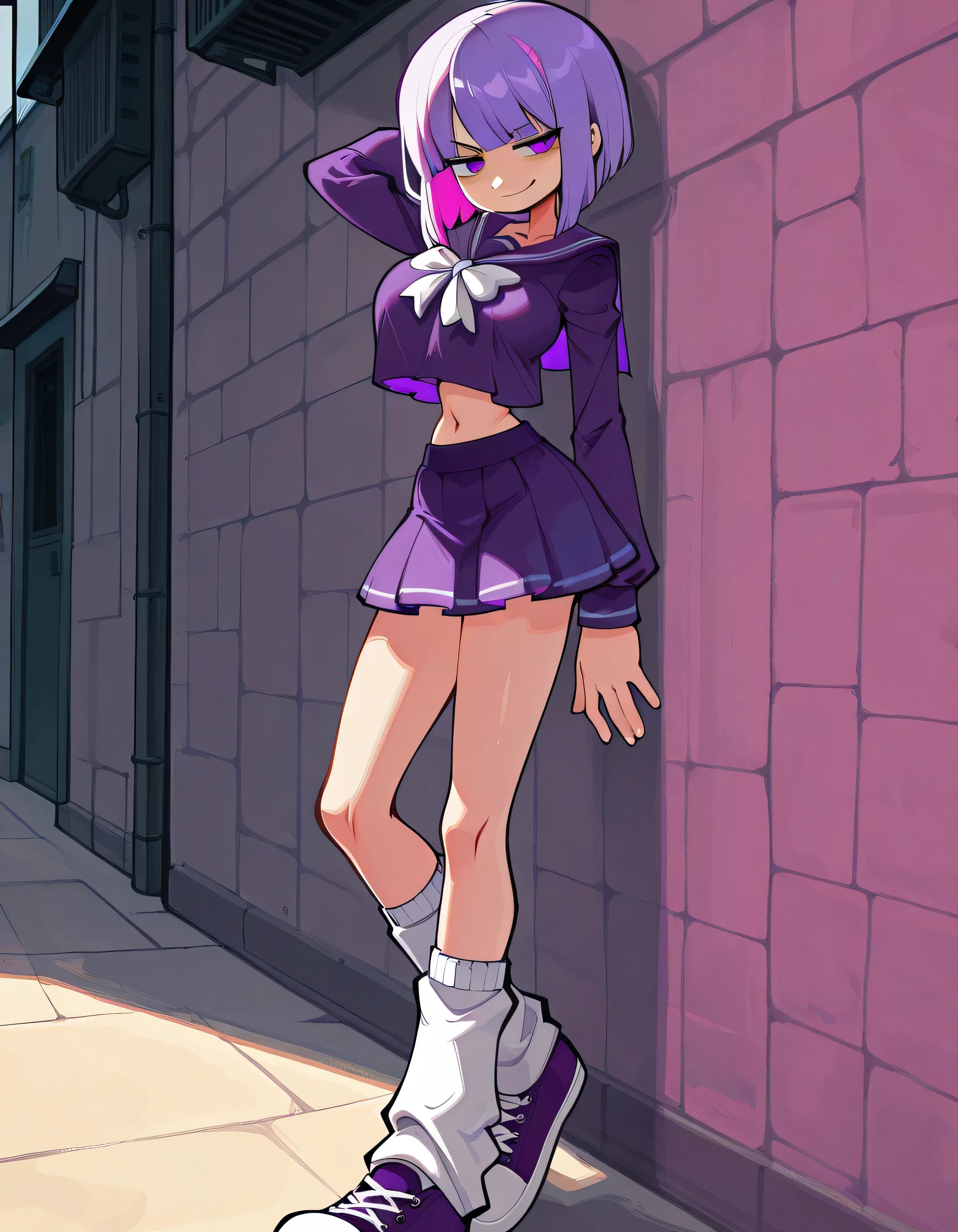 masterpiece, ultra-HD, impressionism, high detail, best quality, very aesthetic, 8k, best quality, beautiful, tmchng , 1girl, mature, solo, smirk, bob cut , bangs , straight hair, purple hair , pink highlights inner , purple eyes, purple sailor school uniform, navel , short skirt, long legs , big breast , arched back , hand behind head , loose socks, casual stance , shoes , lean against wall , alley background , full body,