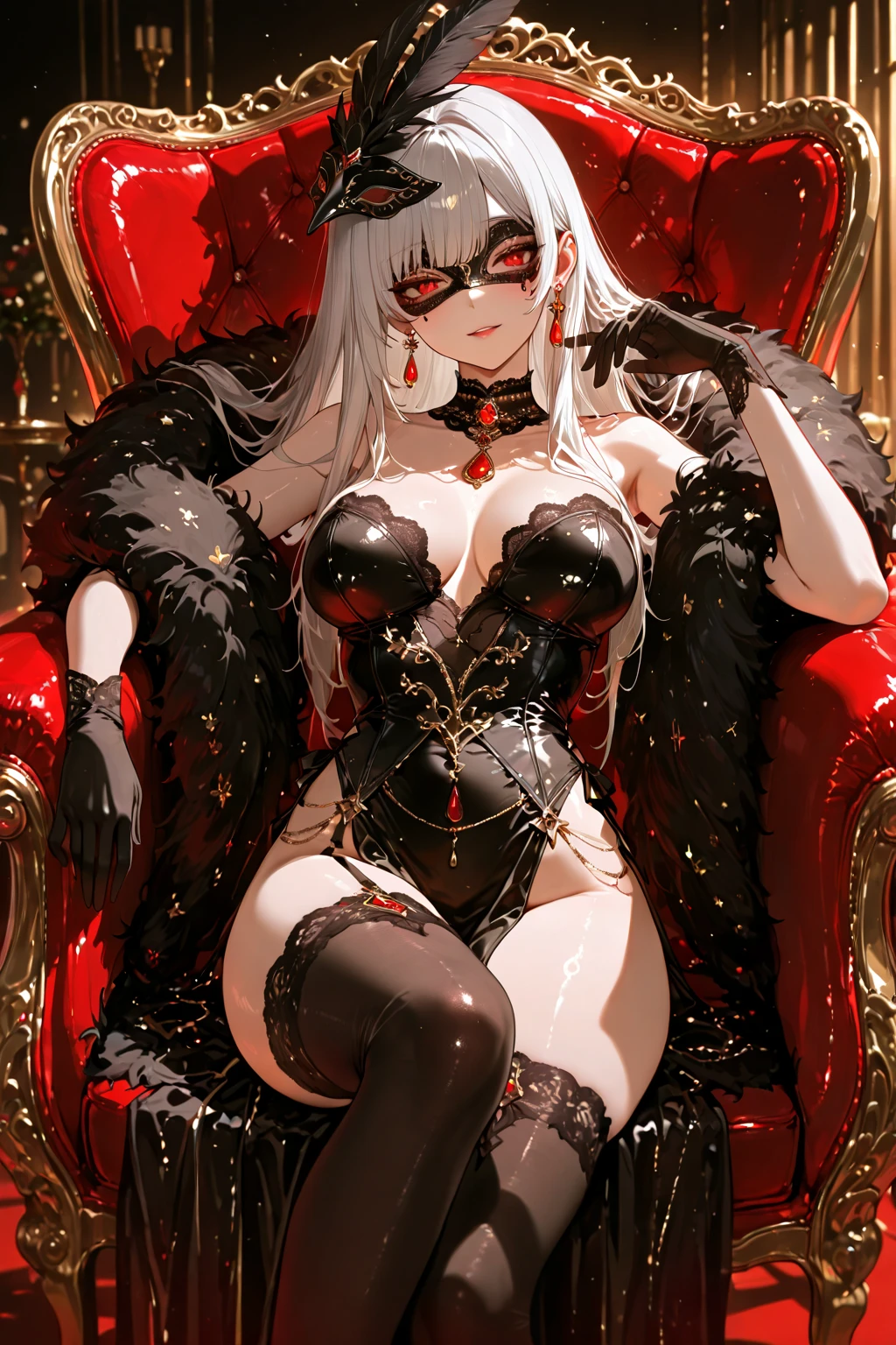 (((Solo))) Vampire woman with short white hair, (red eyes), ((wearing a sexy black dress)), stockings, wearing a red necklace, character is wearing gloves, (mature woman Anna), ((large chest)), curvy hips, long legs, detailed eyes, (in a dark castle), (((mature woman))), , ((full lips)), sparkling eyes, standing,  pose, sexy face, (beautiful lighting), candles, (holding a glass of wine), (sitting down on a chair)