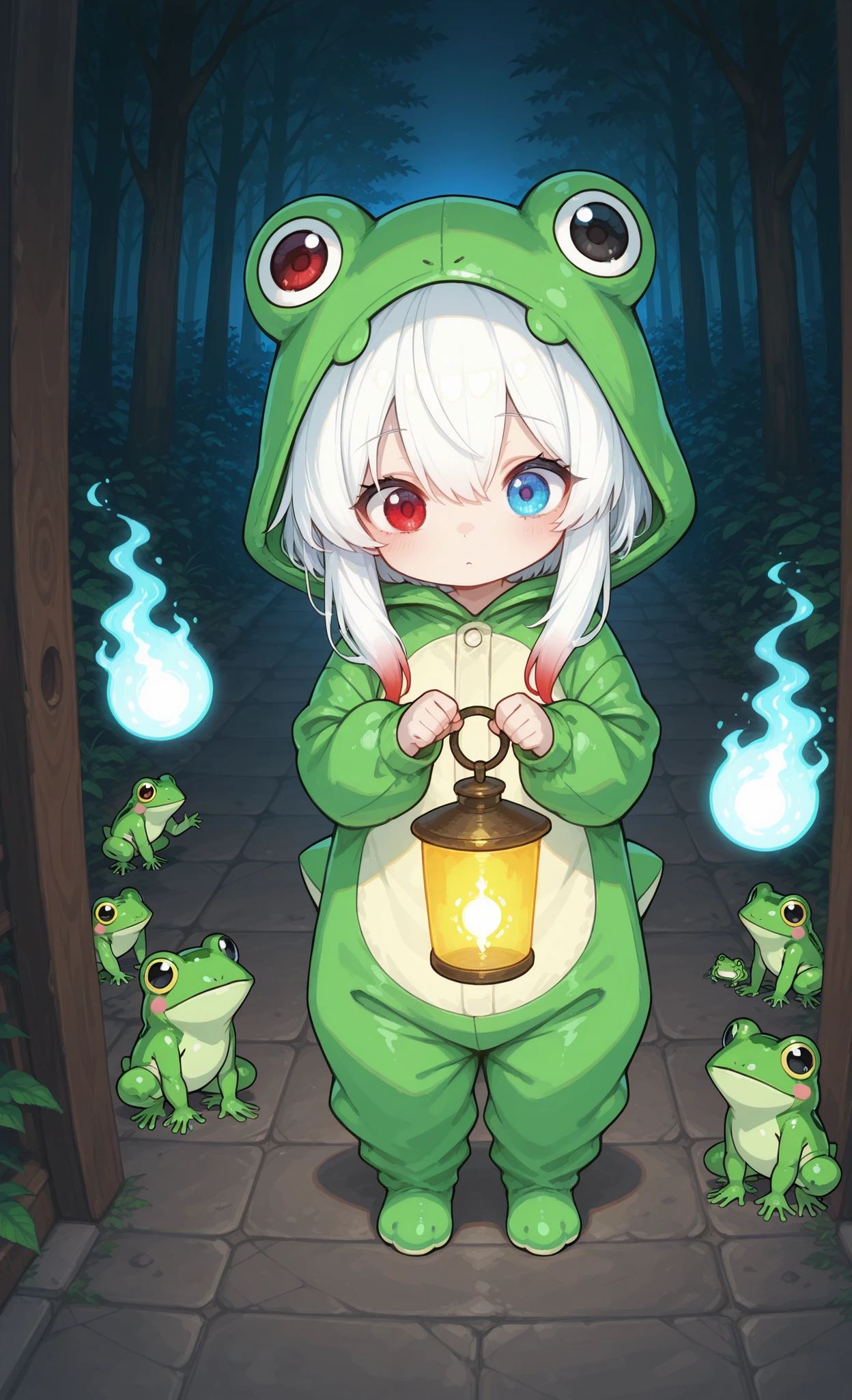 masterpiece, best quality, ultra-detailed:1.3, chibi style, 1girl, solo, pure white hair with soft gradient red tips, heterochromia, fair skin, wearing frog onesie, holding a glowing lantern, leading a procession of (grotesque spirits: one-eyed Hitotsume-kozō, kappa, nurikabe), terrified expression, Night Parade of One Hundred Demons, misty night, ancient road, only one human character present